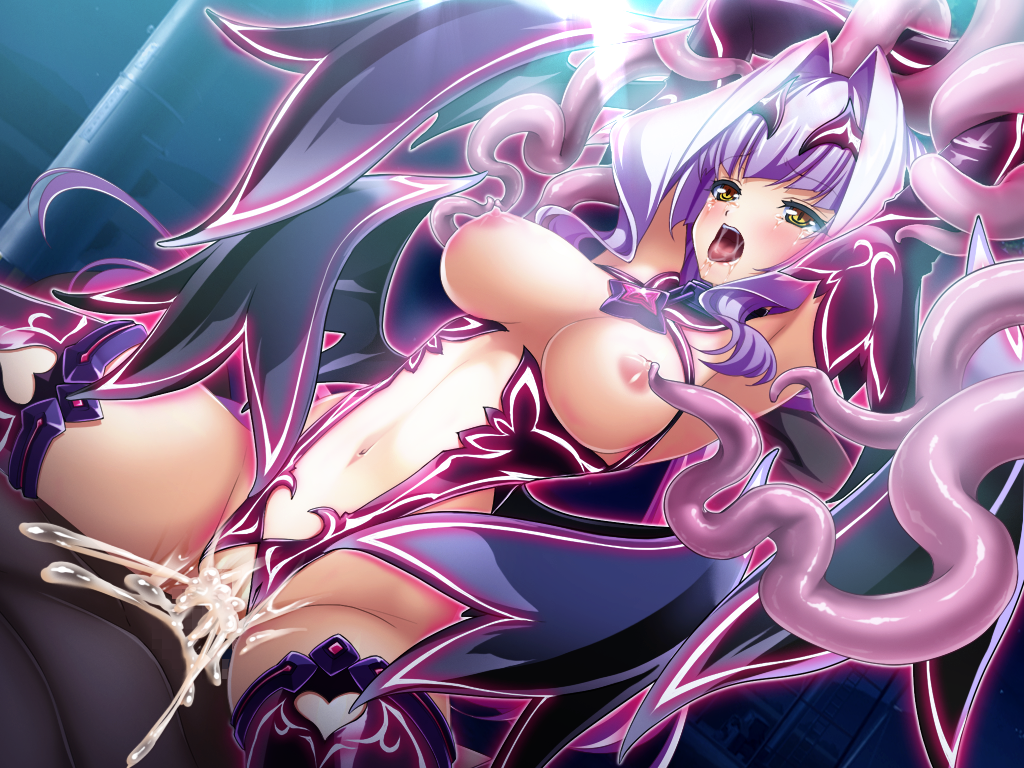 inoino, liberator azarin (exs-tia), kouyoku senki exs-tia, game cg, large variant set, non-web source, official art, variant set, 1boy, 1girl, azarin (exs-tia), bat wings, blush, bound, breasts, censored, corruption, cum, cum in pussy, cum overflow, dark persona, hair intakes, hetero, large breasts, liberator (exs-tia), long hair, navel, night, night sky, nipple stimulation, nipple tweak, nipples, open mouth, outdoors, penis, purple hair, restrained, saliva, sex, sky, solo focus, tentacles, thighhighs, tongue, vaginal, wings, yellow eyes