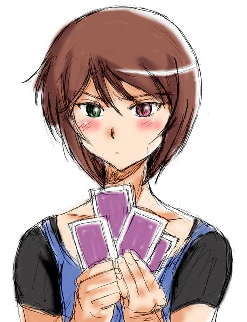 souseiseki, rozen maiden, 00s, 1girl, aged up, blush, brown hair, card, casual, female focus, heterochromia, holding, holding card, short hair, solo