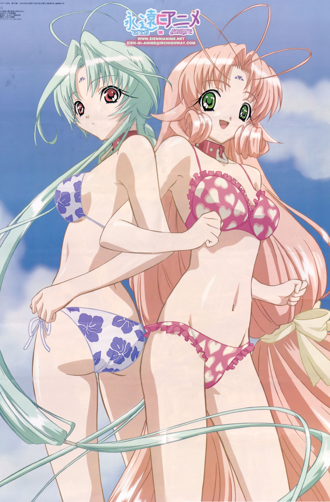 miu (dears), ren (dears), dears, highres, 00s, blue hair, green eyes, pink hair, red eyes, swimsuit
