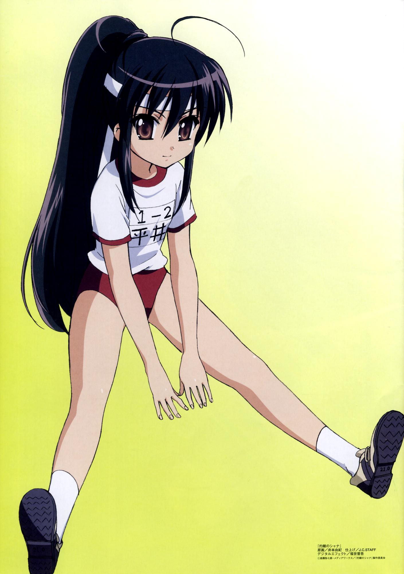 shana, shakugan no shana, white legwear, highres, 00s, 1girl, black hair, brown eyes, female focus, fingernails, flat chest, gym uniform, headband, long hair, looking at viewer, name tag, panties, ponytail, red panties, shirt, shoes, short sleeves, sitting, smile, socks, spread legs, t-shirt, underwear, white shirt