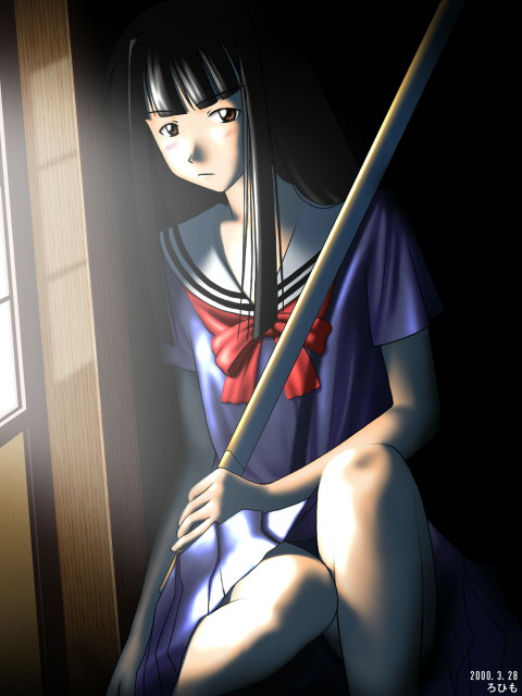 rohimo, aoyama motoko, love hina, non-web source, 1girl, 2000, artist name, black hair, brown eyes, dark, dark room, dated, facing viewer, female focus, hime cut, indoors, katana, long hair, looking at viewer, school uniform, serafuku, sitting, solo, sword, weapon