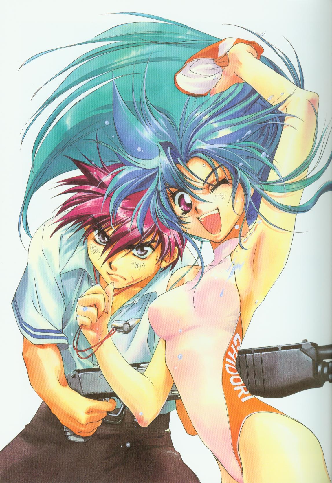 chidori kaname, full metal panic!, highres, tagme, 00s, blue hair, brown hair, gun, purple eyes, swimsuit, weapon