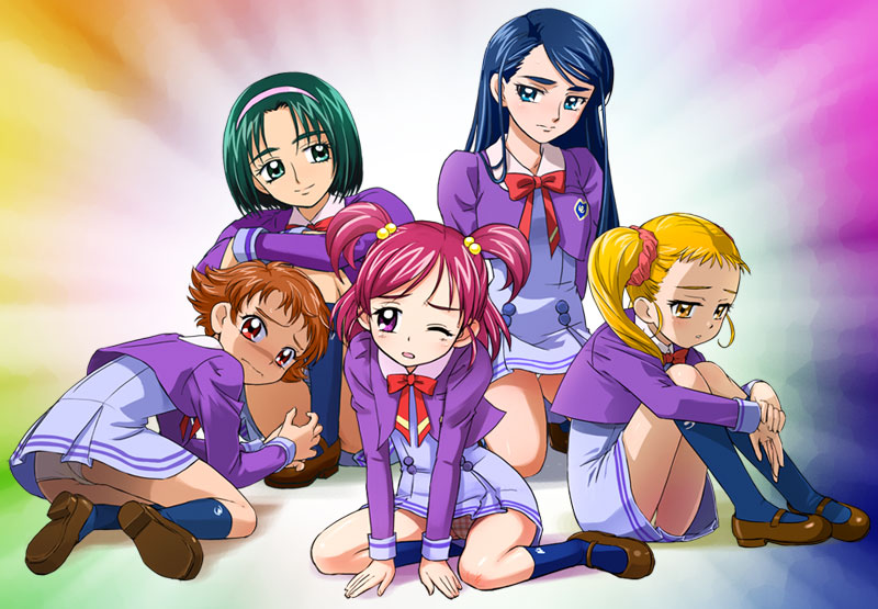 haruyama kazunori, akimoto komachi, kasugano urara (yes! precure 5), minazuki karen, natsuki rin, yumehara nozomi, precure, yes! precure 5, 00s, 5girls, blonde hair, blue eyes, blue hair, brown hair, green eyes, green hair, multiple girls, panties, pantyshot, purple eyes, purple hair, purple skirt, rainbow background, red eyes, skirt, two side up, underwear, yellow eyes