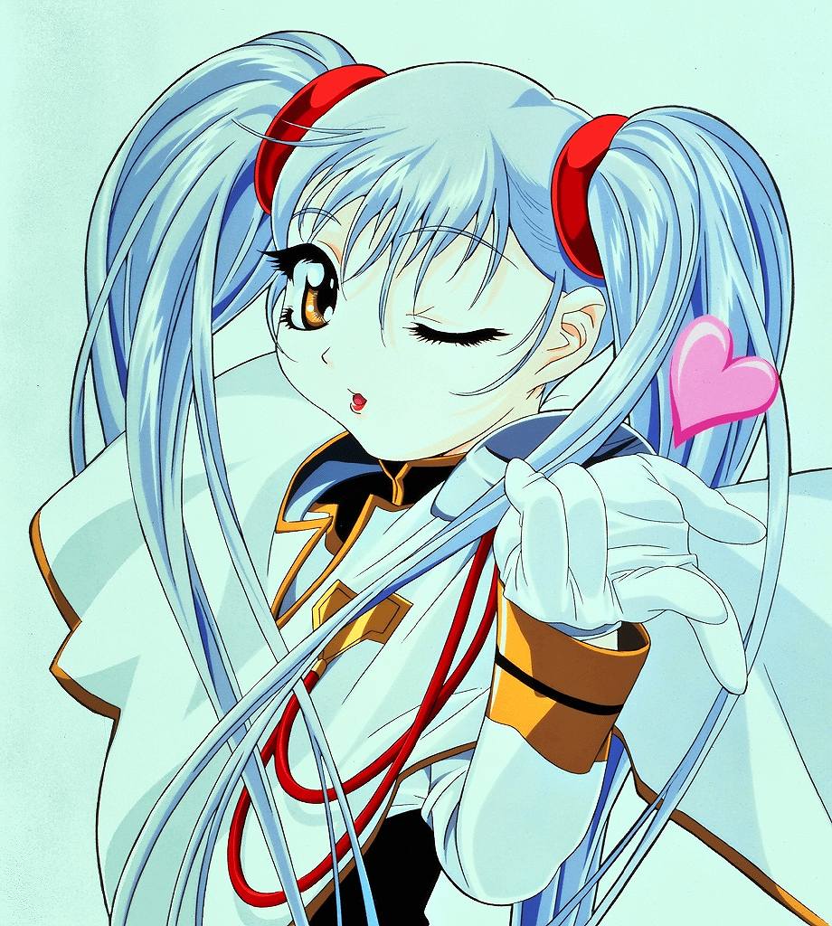 hoshino ruri, kidou senkan nadesico, artist request, official art, 1girl, blowing kiss, blue hair, female focus, heart, kiss, lipstick, looking at viewer, makeup, one eye closed, red lips, solo, twintails, wink, yellow eyes