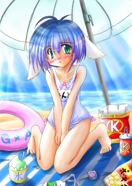 mint blancmanche, galaxy angel, 00s, 1girl, alternate eye color, animal ears, beach, blue hair, blush, candy, character name, chips (food), fast food, female focus, food, green eyes, innertube, kneeling, lollipop, ocean, one-piece swimsuit, outdoors, potato chips, shaved ice, short hair, solo, swim ring, swimsuit, v arms