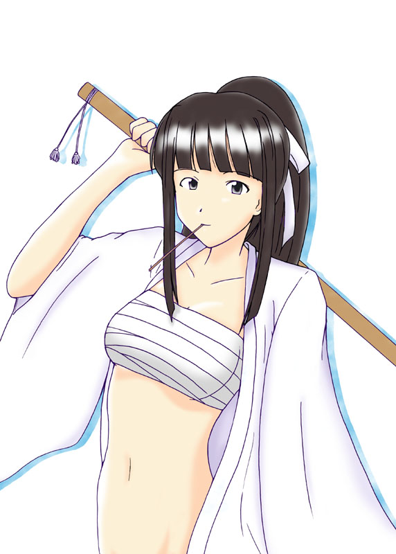 aoyama motoko, love hina, artist request, tagme, 1girl, black hair, bokken, female focus, open clothes, open shirt, ponytail, sarashi, shirt, solo, sword, weapon, wooden sword