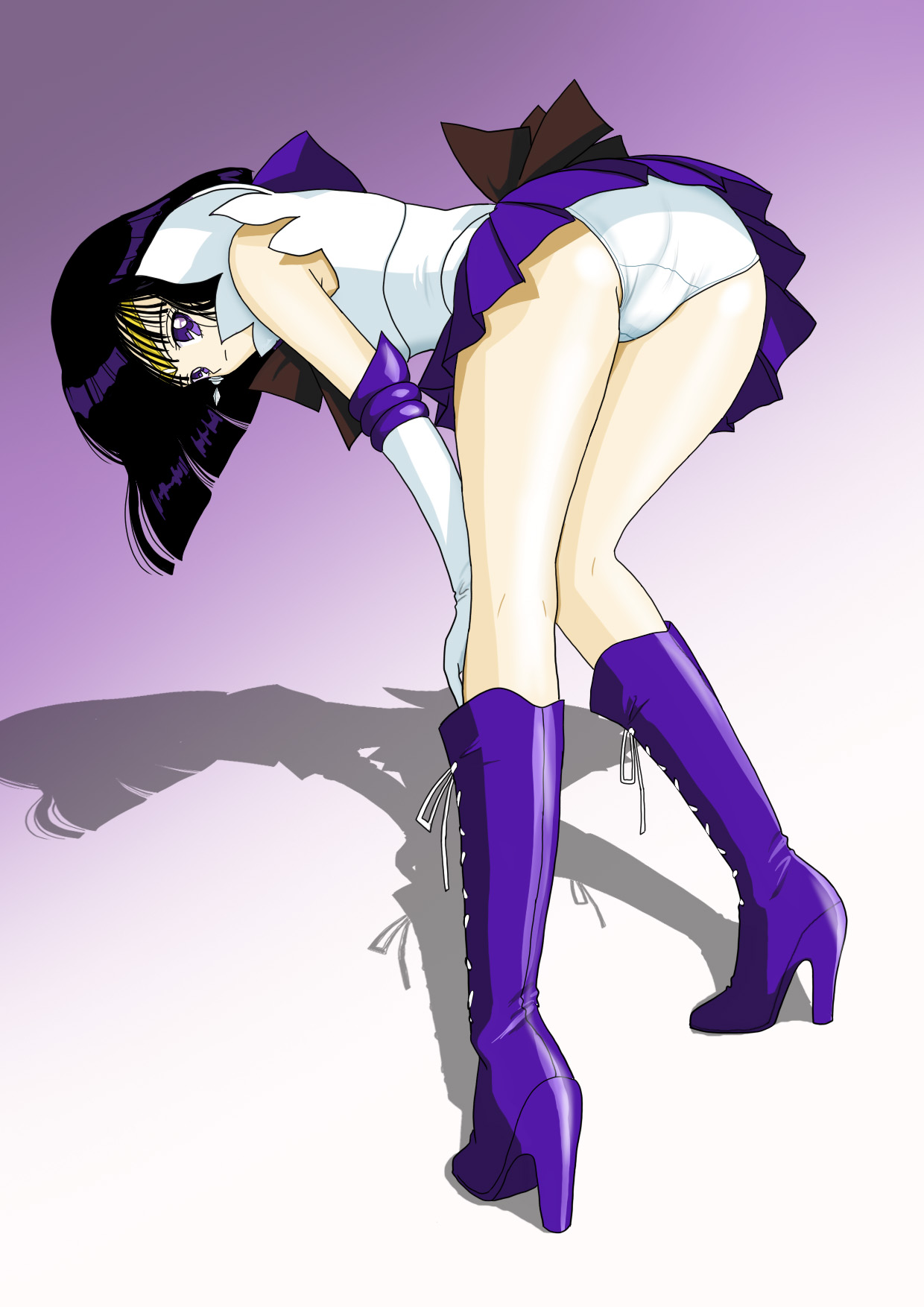 mr. r (2ch's sailor moon thread), sailor saturn, tomoe hotaru, bishoujo senshi sailor moon, highres, source request, 1990s (style), 1girl, ass, bare shoulders, bent over, black hair, bob cut, boots, bow, brown bow, crotch, crotch seam, earrings, elbow gloves, female focus, from behind, gloves, gradient background, hands on own knees, high heels, jewelry, knee boots, kneepits, knees together feet apart, lace-up boots, legs, looking back, magical girl, miniskirt, panties, pantyshot, pleated skirt, presenting, purple boots, purple eyes, purple skirt, retro artstyle, sailor senshi uniform, school uniform, serafuku, shadow, shoes, simple background, skirt, solo, standing, thighs, tiara, underwear, upskirt, white gloves, white panties