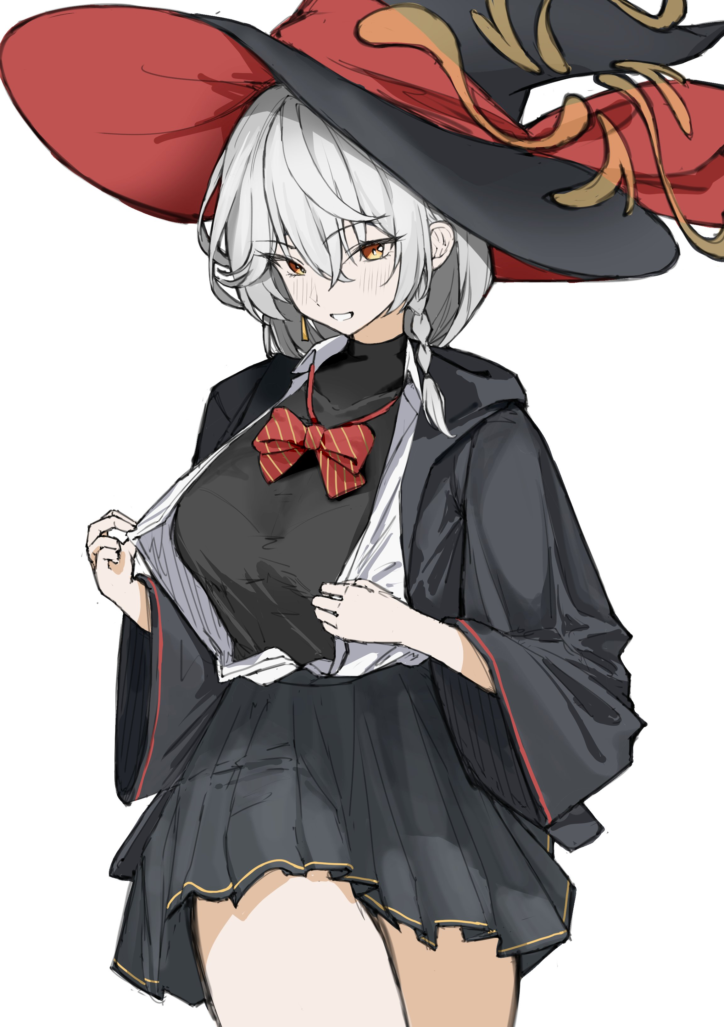 eri (blue archive), blue archive, blush, bow, bowtie, braid, earrings, halo, hat, jacket, jewelry, long coat, long hair, open clothes, open shirt, orange eyes, shirt, skirt, sweater, thighs, white hair, witch hat