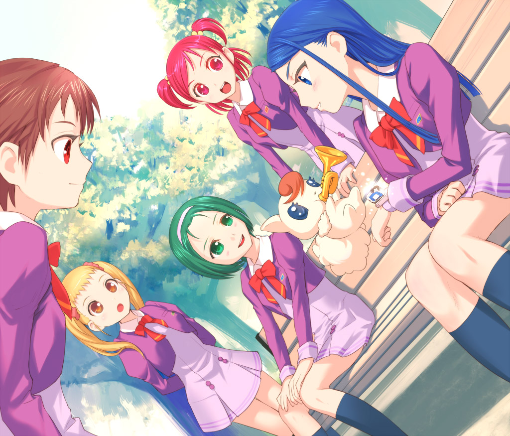 uni (plastic girl), akimoto komachi, coco (precure 5), coco (yes! precure 5), kasugano urara (yes! precure 5), minazuki karen, natsuki rin, yumehara nozomi, precure, yes! precure 5, 00s, 5girls, :d, :o, bench, black socks, blonde hair, blue eyes, blue hair, bow, brown eyes, brown hair, creature, dutch angle, green eyes, green hair, instrument, kneehighs, long hair, multiple girls, open mouth, pink eyes, pink hair, purple shirt, purple skirt, red bow, red eyes, school uniform, serafuku, shirt, short hair, skirt, smile, socks, trumpet, twintails, two side up