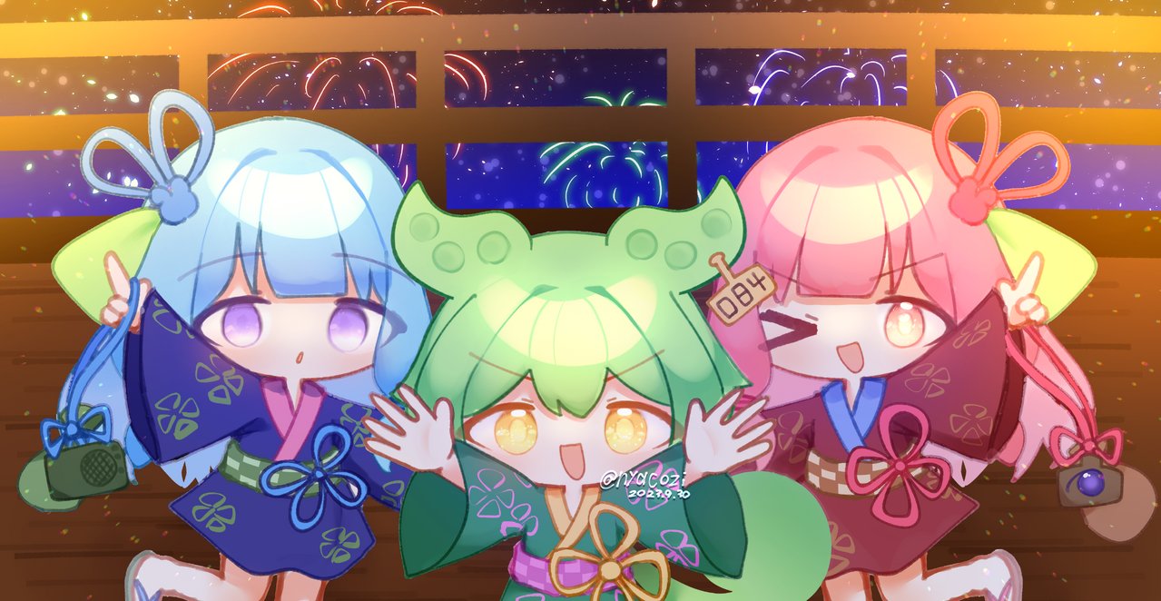 kotonoha akane, kotonoha aoi, zundamon, voiceroid, hashtag-only commentary, > o, 3girls, :d, aerial fireworks, arm up, arms up, blue hair, blue kimono, blue ribbon, blunt bangs, chibi, chibi only, dated, feet out of frame, fireworks, floral print, floral print kimono, green hair, green kimono, hair ribbon, japanese clothes, kimono, long hair, long sleeves, looking at viewer, multiple girls, night, night sky, nyacozi, odorobo (neutrino), one eye closed, open mouth, orange eyes, pink hair, print kimono, purple eyes, red kimono, red ribbon, ribbon, siblings, sisters, sky, smile, standing, standing on one leg, twitter username, wide sleeves, wooden wall