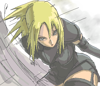 miria, claymore (series), artist request, lowres, 00s, 1girl, blonde hair, elbow gloves, female focus, gloves, grey eyes, long hair, looking at viewer, oekaki, serious, shoulder pads, skirt, solo, thighhighs