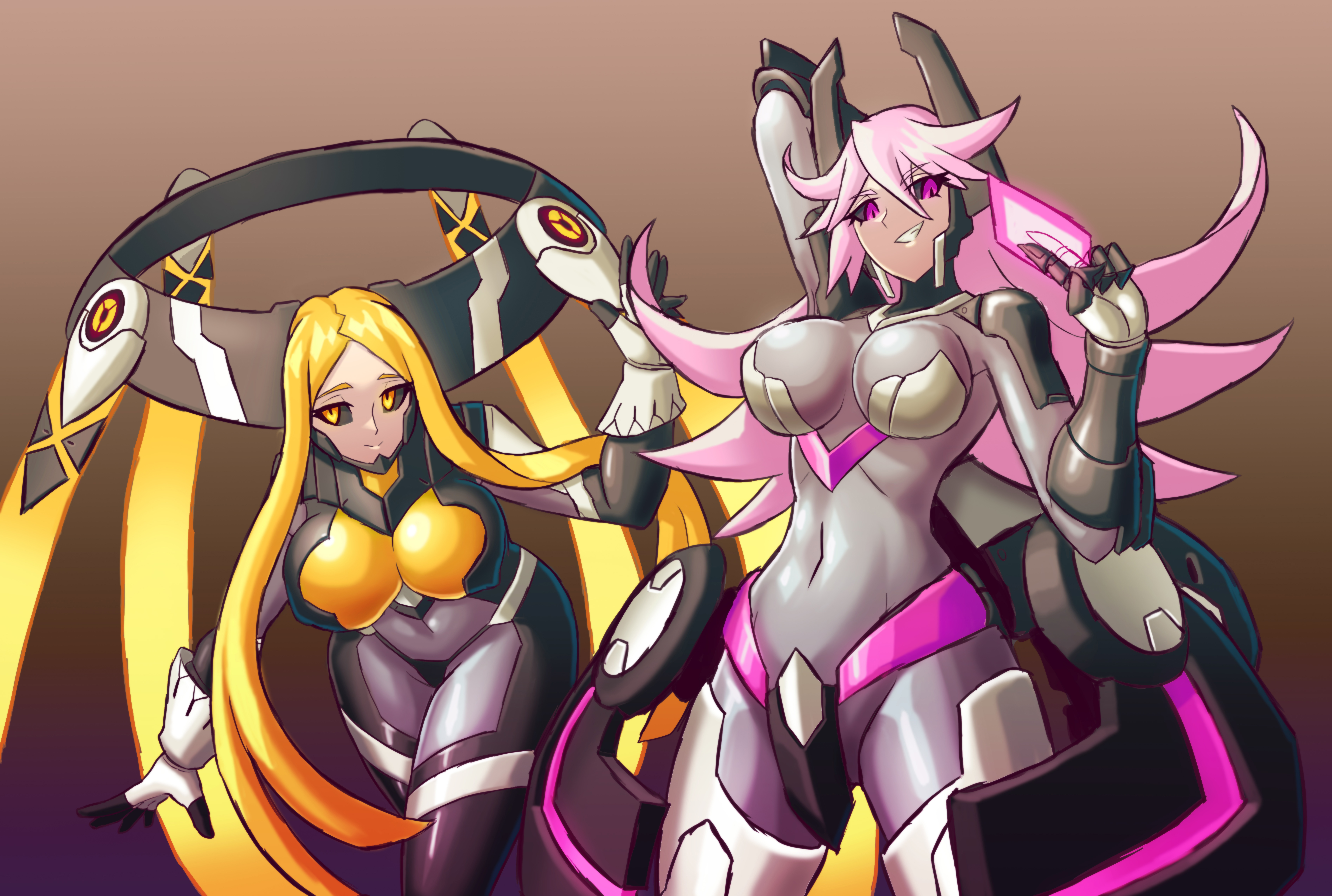 pantera (gunvolt), azure striker gunvolt, azure striker gunvolt 2, absurdres, highres, 2girls, black sclera, blonde hair, bodysuit, breasts, card, colored sclera, desna, grey bodysuit, holding, holding card, impossible bodysuit, impossible clothes, large breasts, monitron, multiple girls, purple eyes, purple hair, skin tight, yellow eyes