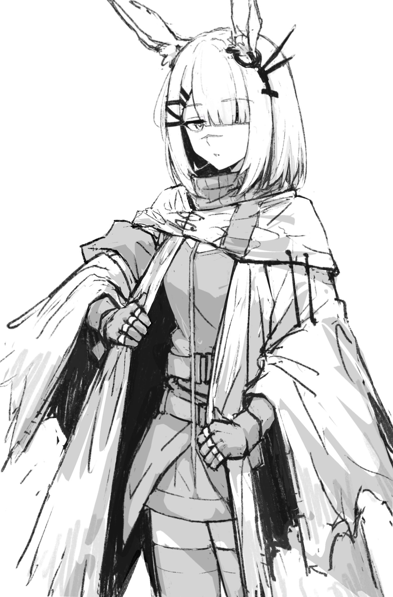 fuyukono, frostnova (arknights), arknights, highres, 1girl, animal ears, coat, cowboy shot, gloves, greyscale, hair ornament, hair over one eye, hairclip, jewelry, looking at viewer, monochrome, multiple rings, one eye covered, parted lips, ring, scar, scar on face, scar on nose, short hair, simple background, sketch, solo, standing, thighhighs, torn clothes, torn coat, white background