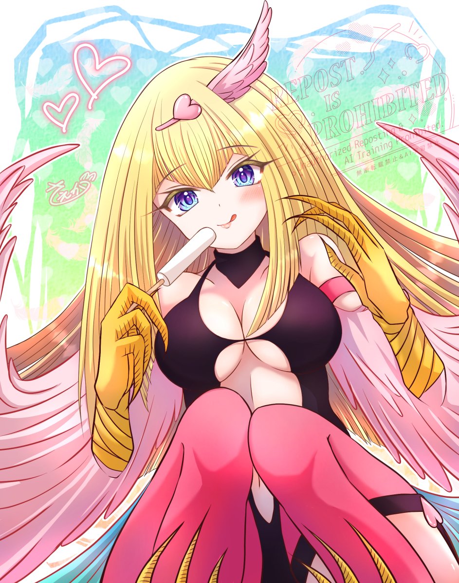 momobesaeka, harpie girl (yu-gi-oh!), yu-gi-oh!, 1girl, bare shoulders, black leotard, blonde hair, blue eyes, blush, breasts, cleavage, closed eyes, clothing cutout, duel monster, heart, large breasts, leotard, navel, solo, stomach cutout, talons, tongue, tongue out, watermark, winged arms, wings