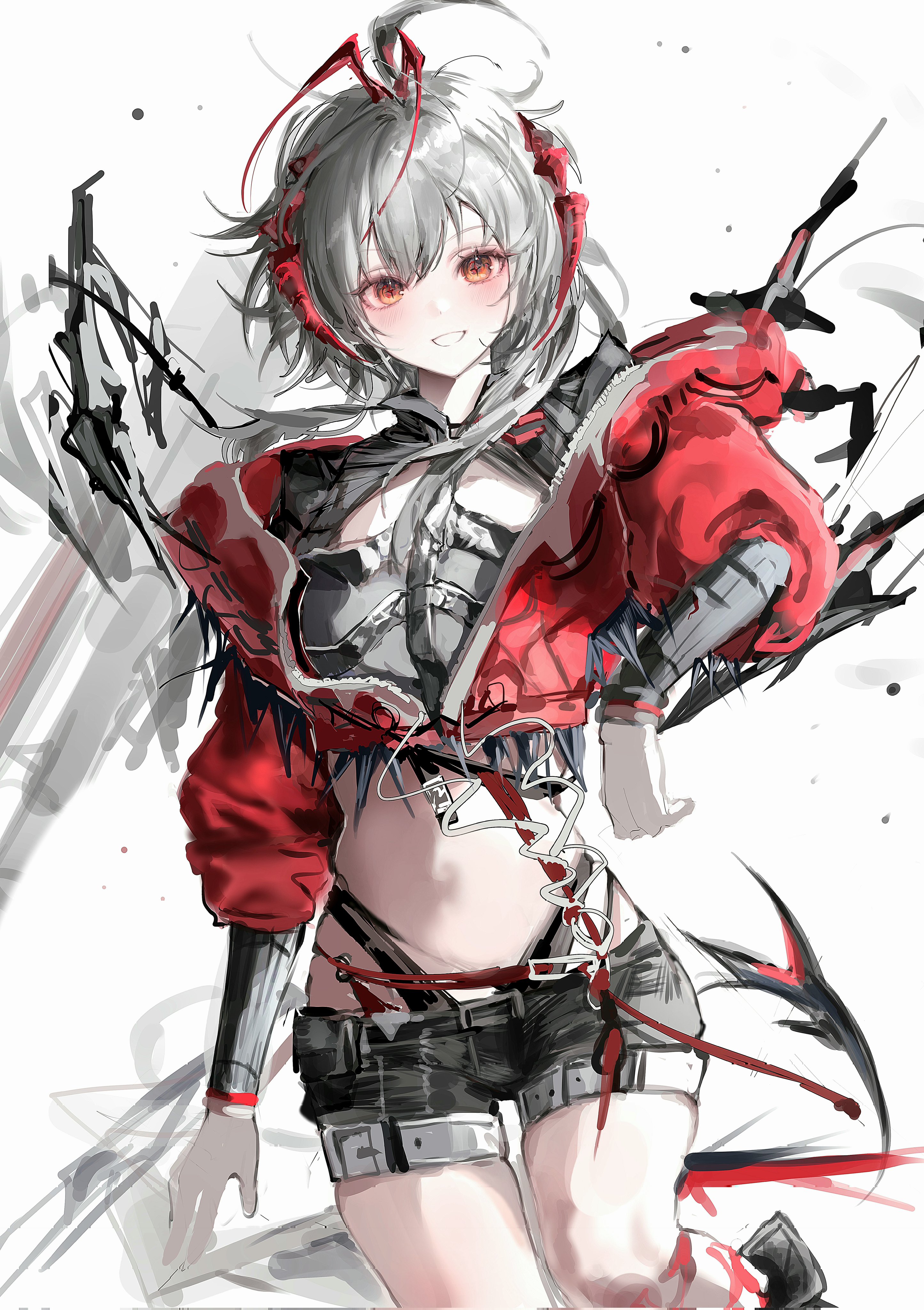 w (arknights), wis'adel (arknights), arknights, absurdres, corrupted twitter file, hashtag-only commentary, highres, revision, 1girl, 8×9 1t, :d, antenna hair, belt, black shirt, black shorts, blush, crop top, cropped jacket, cropped shirt, grey hair, grin, jacket, looking at viewer, midriff, multicolored hair, no navel, open mouth, orange eyes, red hair, red jacket, shirt, short hair with long locks, short shorts, shorts, simple background, sketch, smile, solo, streaked hair, thigh belt, thigh strap, white background, white belt