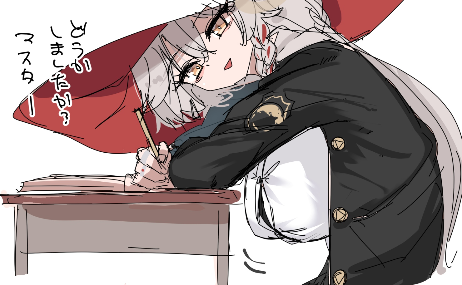 eri (blue archive), blue archive, bow, bowtie, braid, eyeshadow, halo, hat, hatoharu, jacket, leaning on table, long coat, long hair, looking at viewer, makeup, orange eyes, pencil, shirt, side boobs, sweater, white hair, witch hat