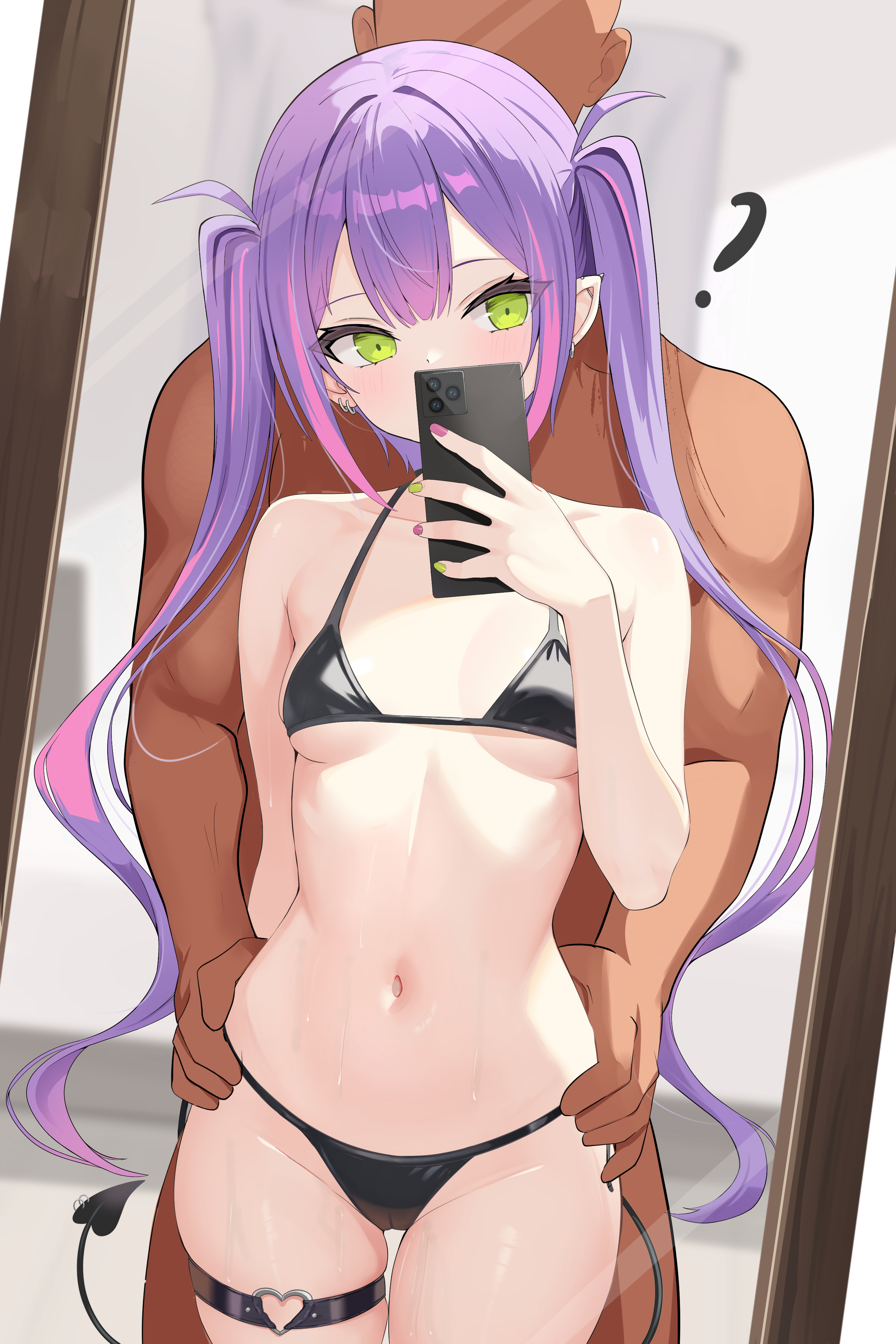 nekonosuke, tokoyami towa, hololive, absurdres, bad source, highres, paid reward available, 1boy, 1girl, alternate costume, arm behind back, barbell piercing, bikini, black bikini, breasts, cameltoe, cellphone, center-flap bangs, dark-skinned male, dark skin, demon tail, double-parted bangs, ear piercing, green nails, halterneck, hand up, heart, heart o-ring, hetero, holding, holding phone, industrial piercing, long hair, looking at viewer, mirror selfie, nail polish, navel, o-ring, o-ring thigh strap, phone, piercing, pink hair, pink nails, purple hair, reflection, reflection focus, selfie, side-tie bikini bottom, small breasts, smartphone, solo focus, string bikini, swimsuit, tail, tail ornament, tail piercing, thigh strap, twintails, very long hair, virtual youtuber