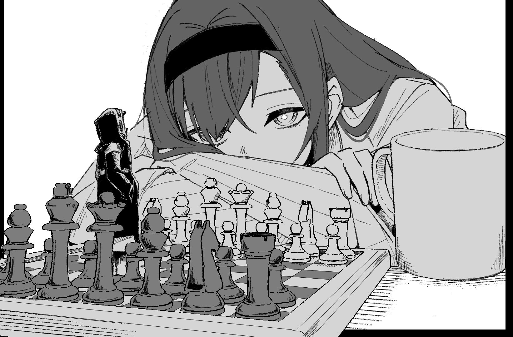461 aki, doctor (arknights), priestess (arknights), arknights, commentary request, highres, 1girl, 1other, bishop (chess), chess piece, chessboard, coat, crossed arms, cup, diamond-shaped pupils, diamond (shape), greyscale, hairband, hands in pockets, hood, hood up, hooded coat, king (chess), knight (chess), long hair, long sleeves, looking at another, monochrome, mug, pawn (chess), queen (chess), rook (chess), symbol-shaped pupils