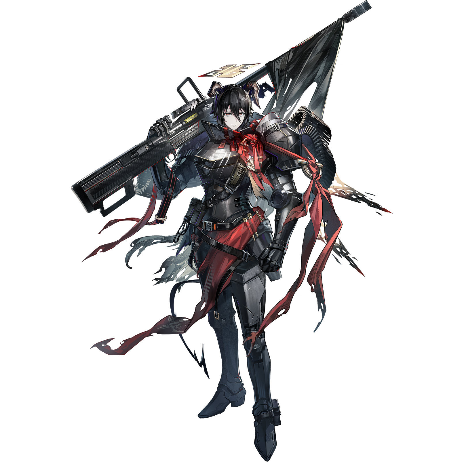 ryuuzaki ichi, arknights, highres, official art, third-party source, 1girl, anti-materiel rifle, armor, aureola (arknights), bag, belt, black hair, broken horn, clip (weapon), cuirass, full armor, full body, gun, hair between eyes, halo, horns, leg armor, over shoulder, rectangular halo, rifle, short hair, sniper rifle, tachi-e, torn clothes, transparent background, weapon, weapon over shoulder