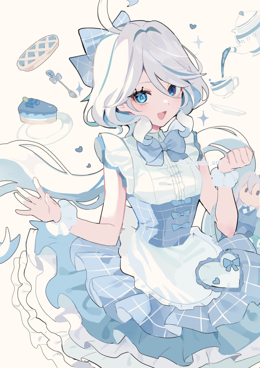 choru art, furina (genshin impact), genshin impact, highres, 1girl, :d, ahoge, alternate costume, apron, blue bow, blue eyes, blue hair, blush, bow, cake, collared dress, cowboy shot, cup, double-parted bangs, dress, enmaided, food, frilled apron, frilled dress, frills, hair between eyes, hair bow, heart, heterochromia, long hair, looking at viewer, maid, multicolored hair, open mouth, plaid bow, plate, sidelocks, smile, solo, sparkle, spoon, streaked hair, tea, teacup, teapot, twitter username, waist apron, watermark, white apron, white dress, white hair, wrist cuffs