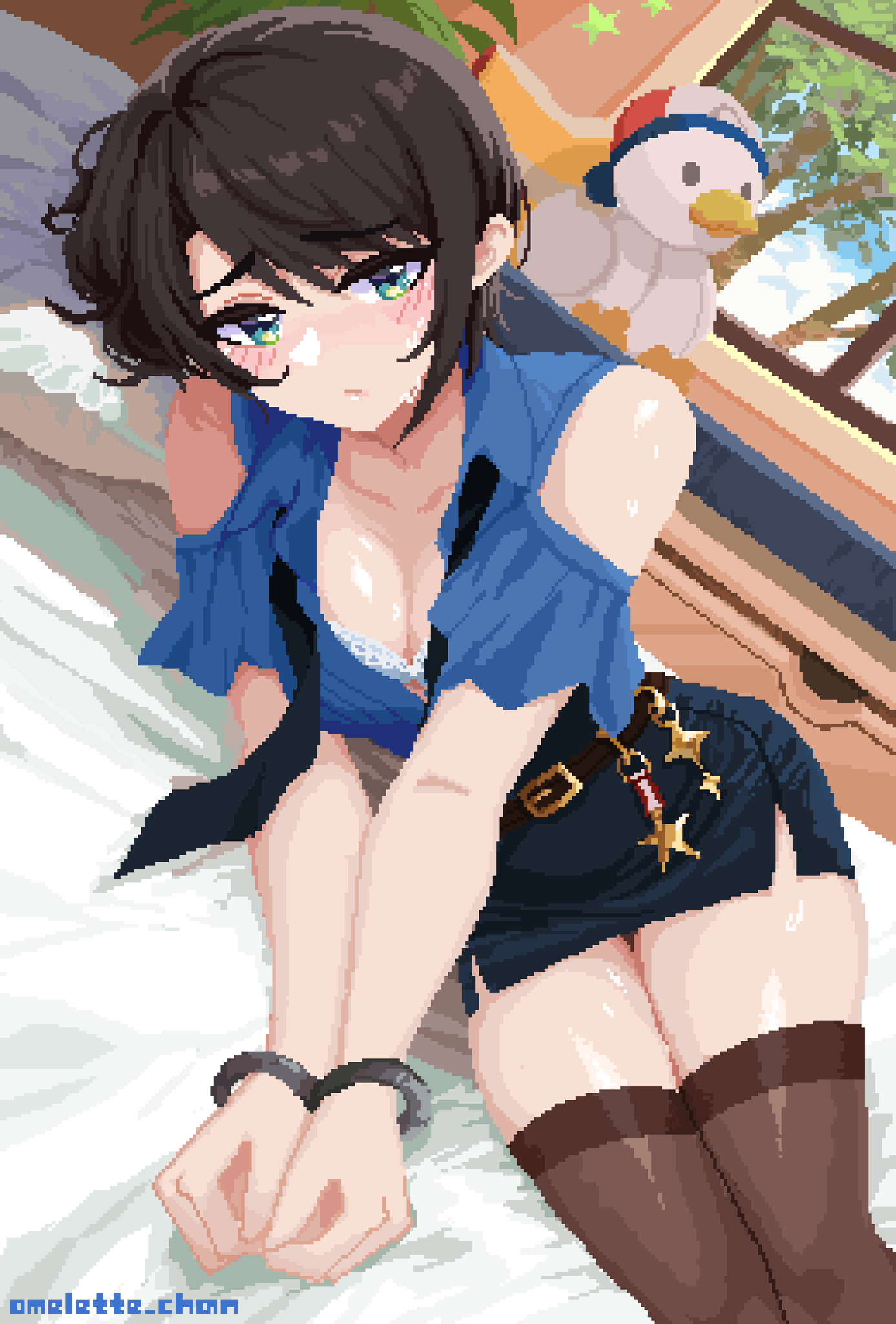omelette chan, oozora subaru, oozora subaru (police), highres, black hair, blue skirt, blush, bra, cuffs, handcuffs, looking at viewer, medal, necktie, official alternate costume, on bed, police, police uniform, skirt, thighhighs, underwear, undone necktie