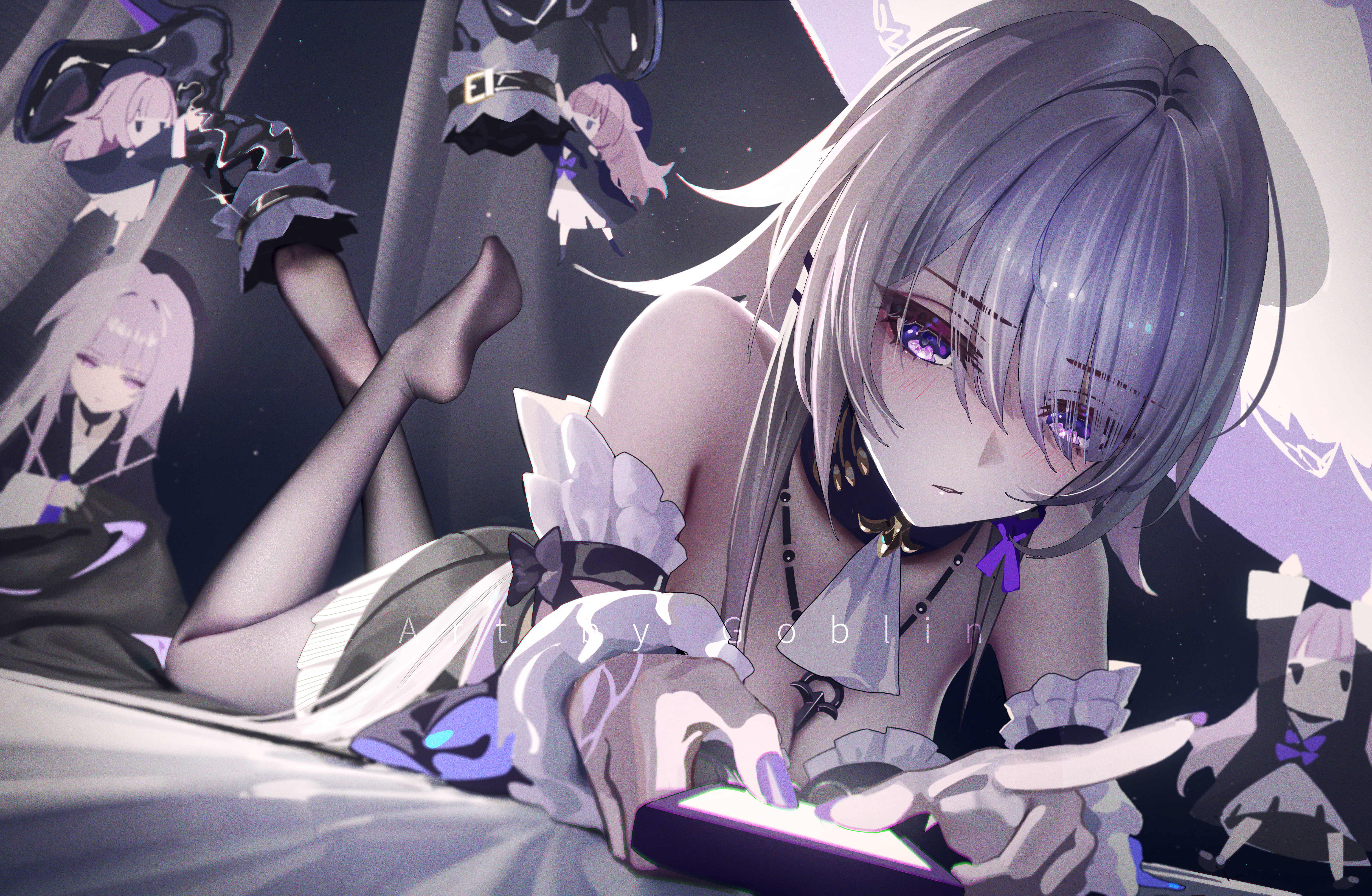 mr goblin, herta (honkai: star rail), herta (puppet) (honkai: star rail), the herta (honkai: star rail), honkai: star rail, honkai (series), absurdres, highres, 5girls, artist name, bare shoulders, bed sheet, black boots, black pantyhose, blush, boots, bow, breasts, cellphone, chibi, cleavage, crossed ankles, curtains, dress, eyebrows hidden by hair, eyelashes, feet, feet out of frame, feet up, full body, grey hair, jewelry, legs, looking at viewer, lying, medium breasts, multiple girls, necklace, on stomach, pantyhose, parted lips, phone, purple bow, purple eyes, purple hair, removing shoes, short dress, sitting, smartphone, soles, the pose, toes