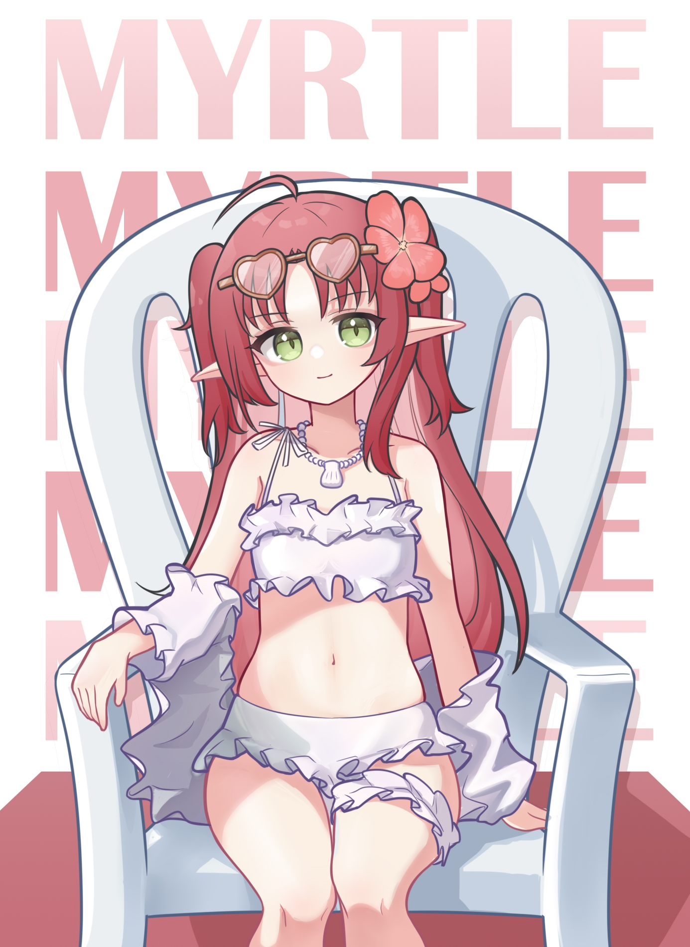 jiuyu qame, myrtle (arknights), myrtle (summer flowers) (arknights), arknights, chinese commentary, commentary, highres, 1girl, ahoge, bikini, chair, character name, closed mouth, cowboy shot, eyewear on head, flower, frilled bikini, frills, green eyes, hair flower, hair ornament, heart, heart-shaped eyewear, jewelry, light smile, long hair, looking at viewer, monobloc (chair), navel, necklace, official alternate costume, on chair, pearl necklace, pointy ears, red flower, red hair, sitting, solo, swimsuit, white bikini