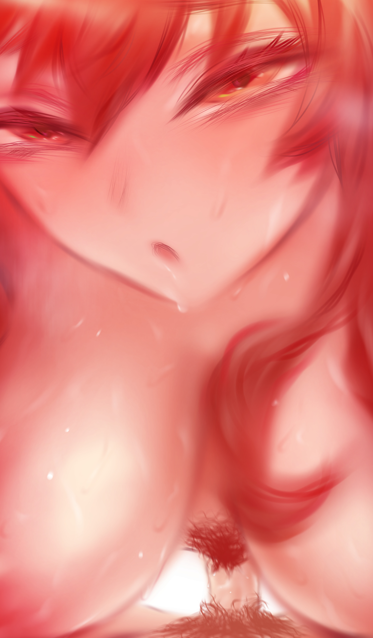 shpo, eris greyrat, mushoku tensei, commentary, english commentary, highres, 1boy, 1girl, :o, breasts, close-up, completely nude, cowgirl position, female pubic hair, girl on top, hetero, large breasts, long hair, looking at viewer, male pubic hair, nipples, nude, penis, pov, pov crotch, pubic hair, red eyes, red hair, sex, solo focus, straddling, sweat