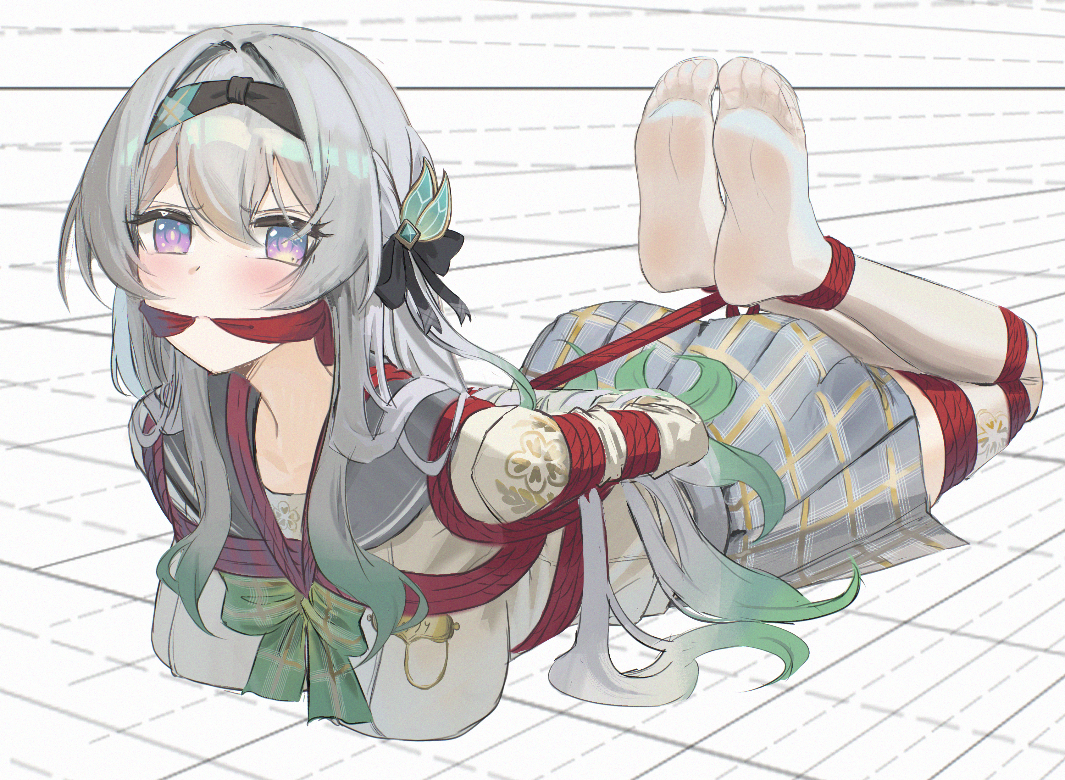 cailin020, firefly (honkai: star rail), honkai: star rail, honkai (series), absurdres, highres, 1girl, barefoot, bdsm, blush, bondage, bound, bow, detached sleeves, gag, gradient hair, green bow, hair between eyes, hair ornament, headband, hogtie, long hair, looking at viewer, multicolored hair, plaid clothes, plaid skirt, purple eyes, restrained, ribbon, shibari, skirt, soles, solo