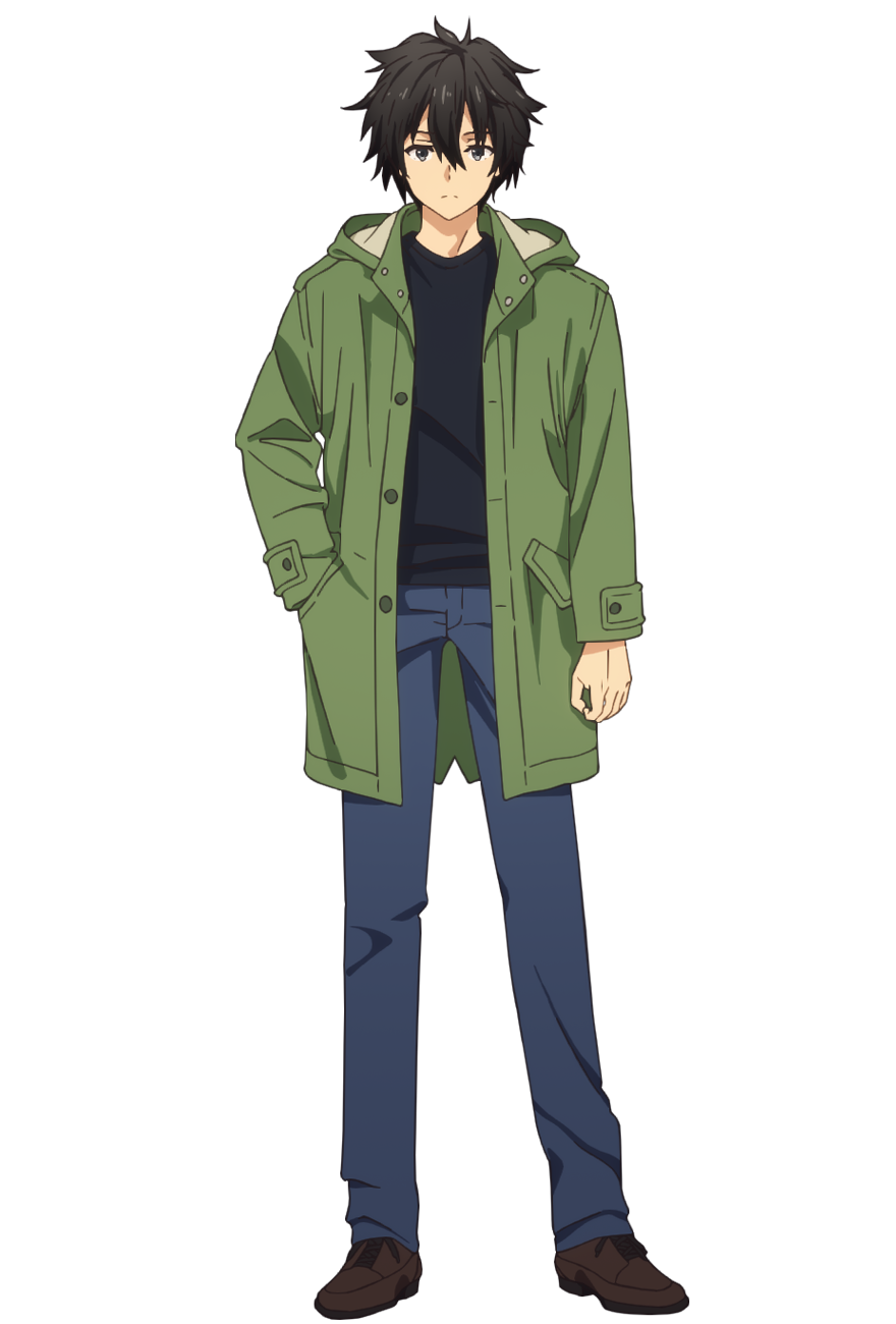 tsunako, ogata shuu, engage kiss, highres, official art, 1boy, anime coloring, black hair, black shirt, blue pants, boots, brown boots, closed mouth, flipped hair, full body, green jacket, grey eyes, hair between eyes, hand in pocket, hood, hood down, hooded jacket, jacket, long sleeves, looking at viewer, pants, shirt, shoes, simple background, solo, standing, t-shirt, transparent background