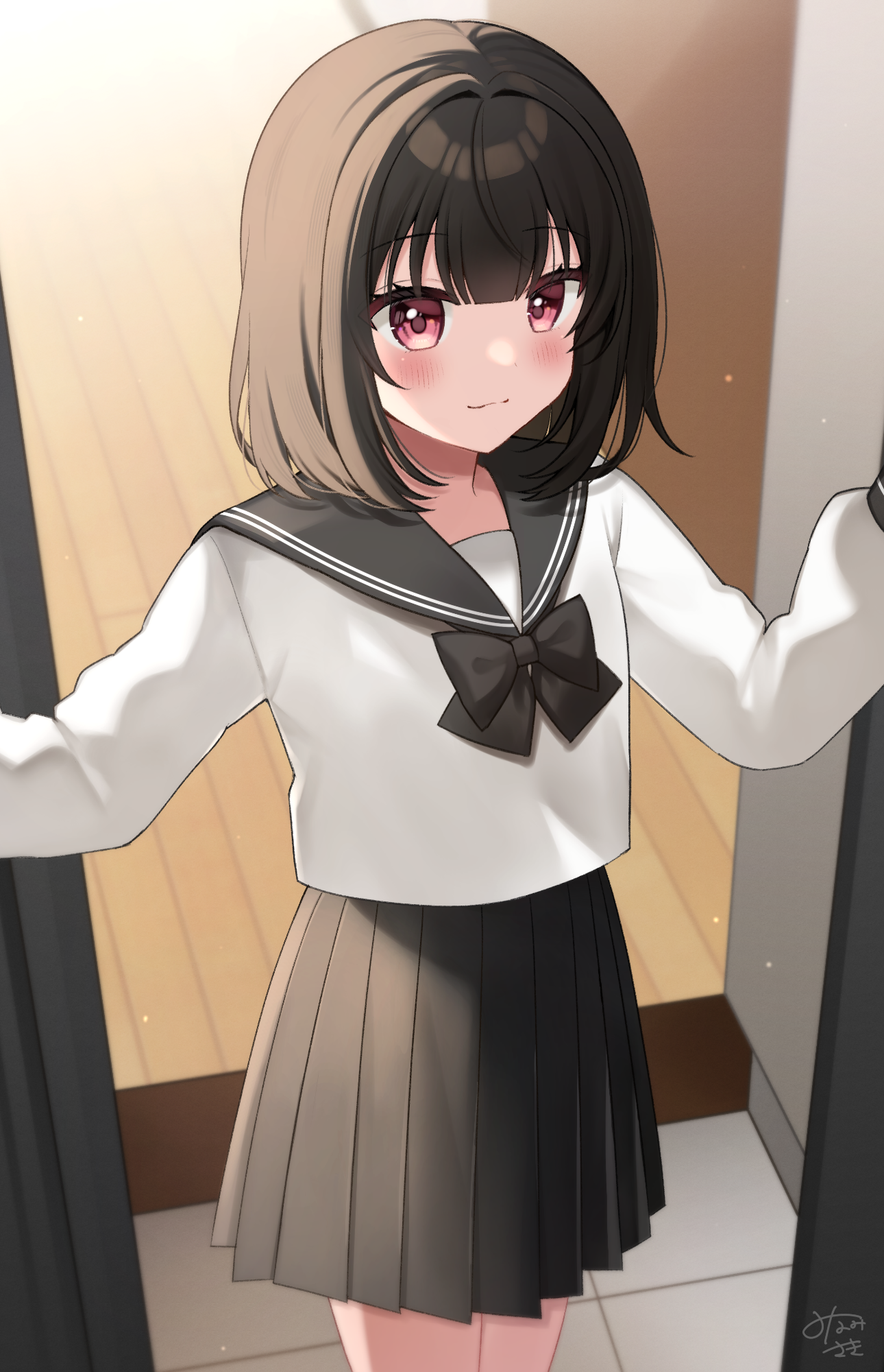 minami saki, original, commentary, highres, 1girl, black bow, black bowtie, black hair, black sailor collar, black skirt, blush, bow, bowtie, closed mouth, cowboy shot, long sleeves, pleated skirt, red eyes, sailor collar, school uniform, serafuku, shirt, short hair, signature, skirt, smile, solo, white shirt
