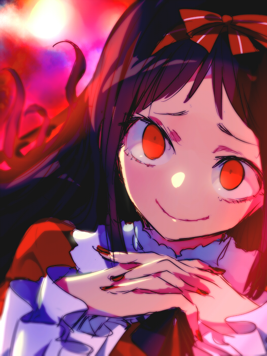 juuroku anna, higanbana (higanbana no saku yoru ni), higanbana no saku yoru ni, 1girl, black hair, blazer, bow, crazy eyes, dress, frills, hair bow, jacket, long hair, own hands clasped, own hands together, red bow, red eyes, ribbon, smile, solo