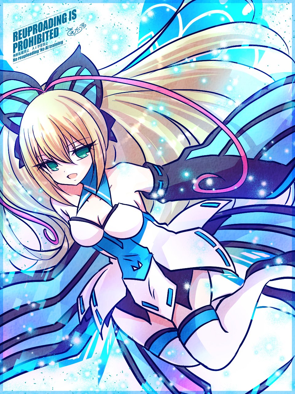 momobesaeka, lumen (gunvolt), azure striker gunvolt, azure striker gunvolt 1, highres, 1girl, antenna hair, bare shoulders, black sleeves, blonde hair, blue border, border, butterfly hair ornament, butterfly wings, detached sleeves, dress, energy wings, hair ornament, insect wings, long hair, multicolored hair, pink hair, solo, strapless, strapless dress, thighhighs, two-tone hair, white background, white dress, white thighhighs, wings