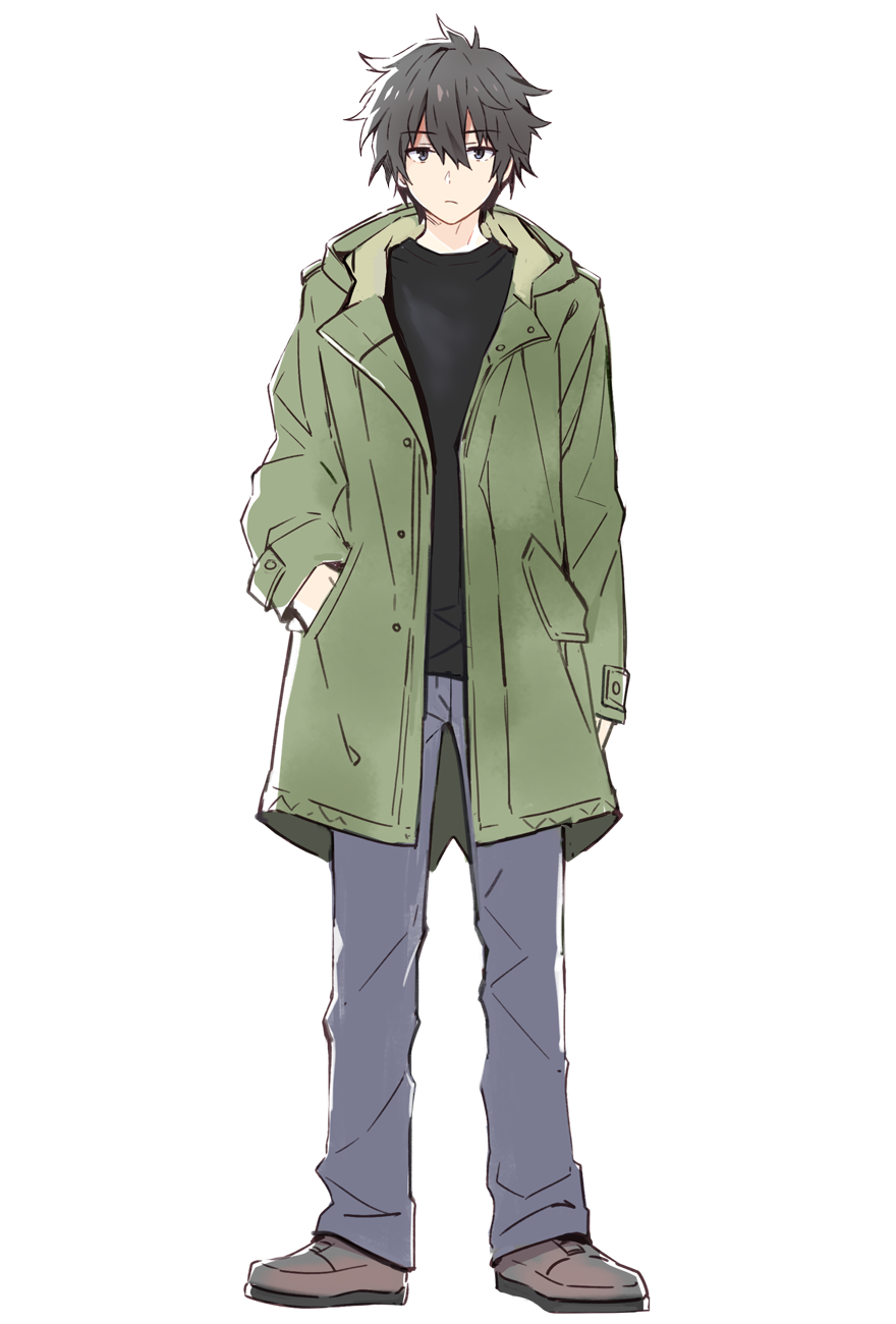 tsunako, ogata shuu, engage kiss, highres, official art, 1boy, black hair, black shirt, blue pants, boots, brown boots, closed mouth, flipped hair, full body, green jacket, grey eyes, hair between eyes, hand in pocket, hood, hood down, hooded jacket, jacket, long sleeves, looking at viewer, pants, shirt, shoes, simple background, sketch, solo, standing, t-shirt, transparent background