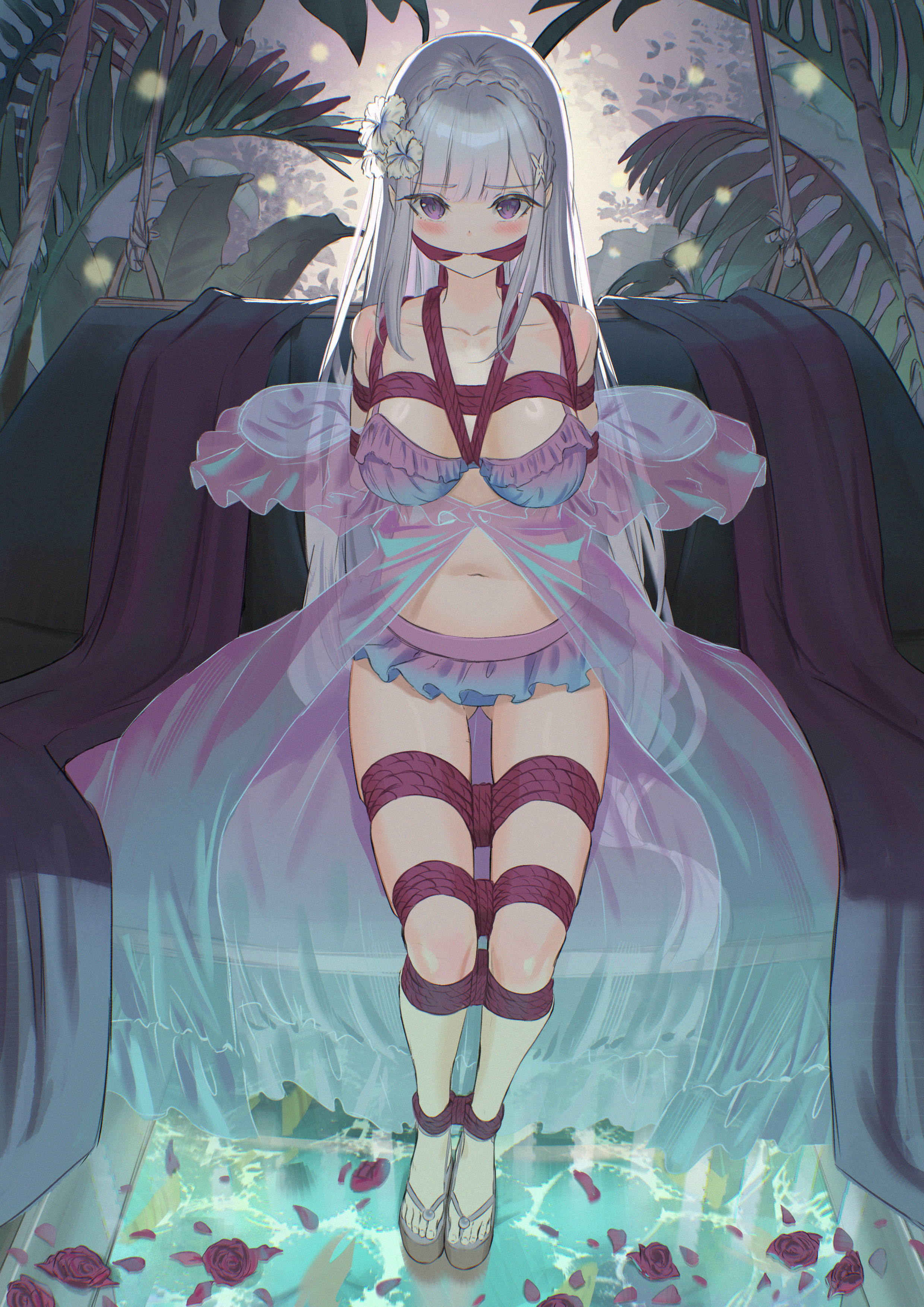 cailin020, emilia (re:zero), re:zero kara hajimeru isekai seikatsu, absurdres, highres, 1girl, bdsm, blush, bondage, bound, bra, detached sleeves, feet, flower, gag, glowing, gradient hair, grey hair, hair between eyes, hair flower, hair ornament, lingerie, long hair, multicolored hair, night, outdoors, panties, petals, puffy sleeves, purple eyes, restrained, rose, sandals, see-through clothes, shibari, sitting, solo, underwear