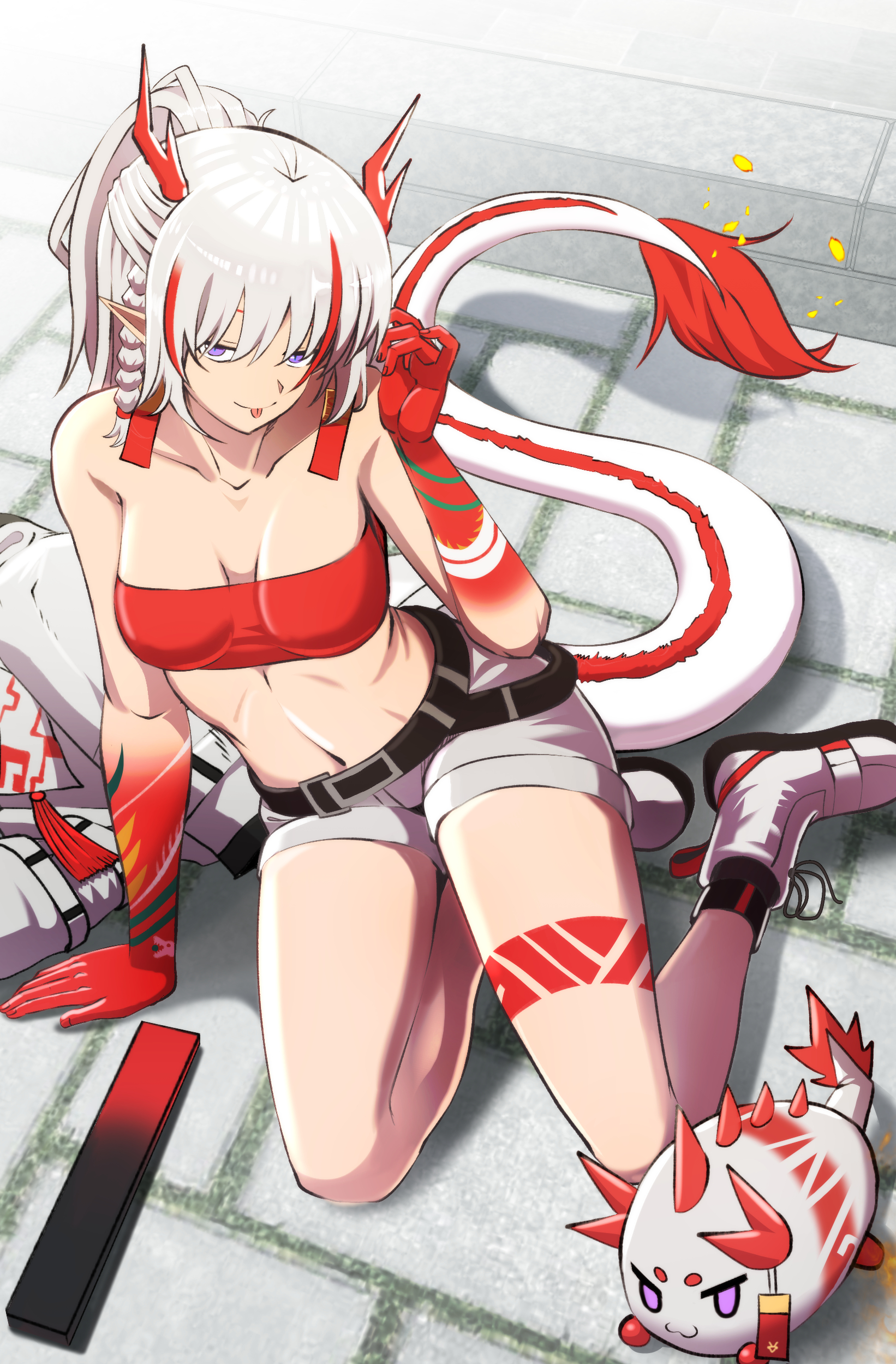samacho, nian (arknights), arknights, absurdres, commentary, highres, 1girl, :p, bandeau, bare arms, bare shoulders, boots, breasts, cleavage, grey shorts, hand up, horns, looking at viewer, midriff, multicolored hair, navel, pointy ears, purple eyes, red hair, short hair, short shorts, shorts, sitting, small breasts, smile, solo, stomach, strapless, streaked hair, tail, thighs, tongue, tongue out, tube top, white boots, white hair