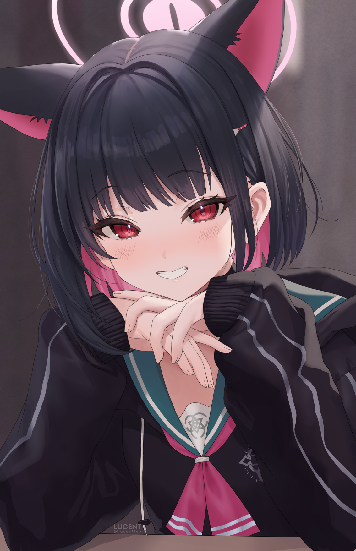 lucenttea, kazusa (blue archive), blue archive, highres, revision, 1girl, animal ears, black hair, black jacket, blush, cat ears, cat girl, colored inner animal ears, colored inner hair, green sailor collar, hair intakes, hair ornament, halo, jacket, long sleeves, looking at viewer, multicolored hair, neckerchief, pink hair, pink halo, pink neckerchief, puffy long sleeves, puffy sleeves, red eyes, sailor collar, short hair, smile, solo