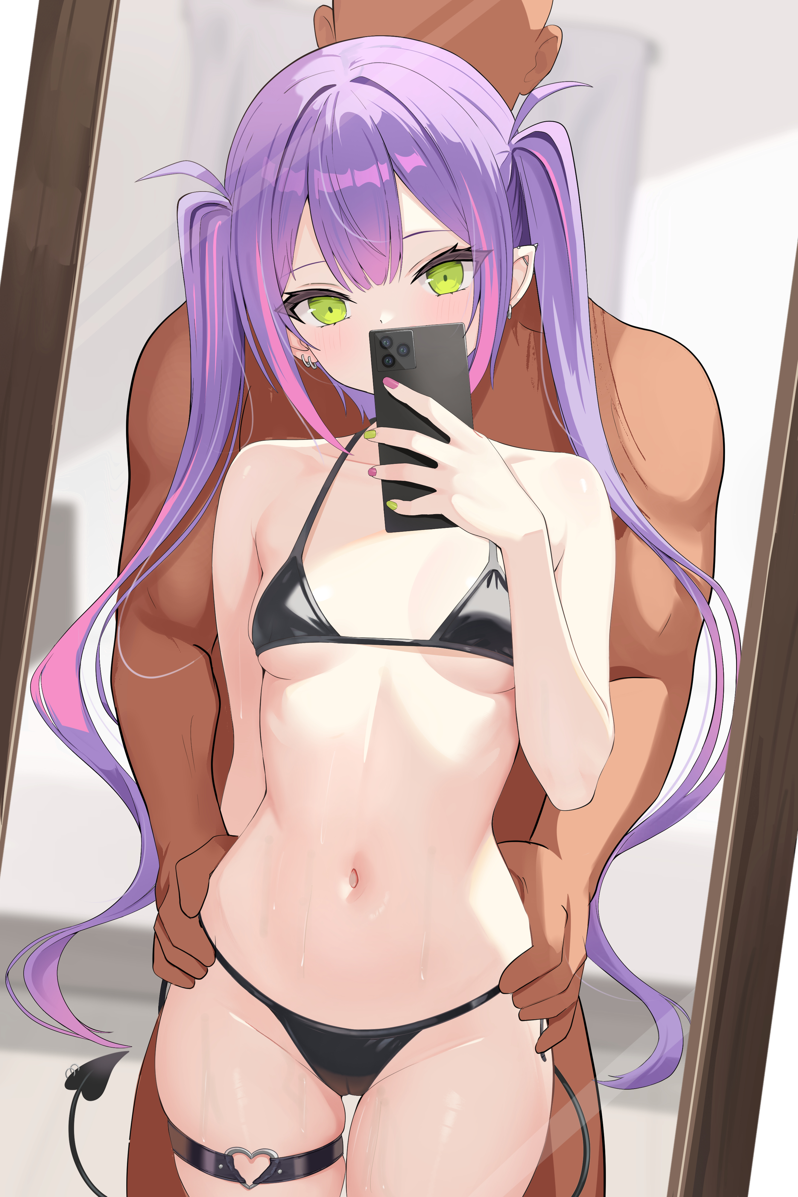 nekonosuke, tokoyami towa, hololive, absurdres, bad source, highres, paid reward available, 1boy, 1girl, alternate costume, arm behind back, barbell piercing, bikini, black bikini, breasts, cameltoe, cellphone, center-flap bangs, dark-skinned male, dark skin, demon tail, double-parted bangs, ear piercing, green nails, halterneck, hand up, heart, heart o-ring, hetero, holding, holding phone, industrial piercing, long hair, looking at viewer, mirror selfie, nail polish, navel, o-ring, o-ring thigh strap, phone, piercing, pink hair, pink nails, purple hair, reflection, reflection focus, selfie, side-tie bikini bottom, small breasts, smartphone, solo focus, string bikini, swimsuit, tail, tail ornament, tail piercing, thigh strap, twintails, very long hair, virtual youtuber