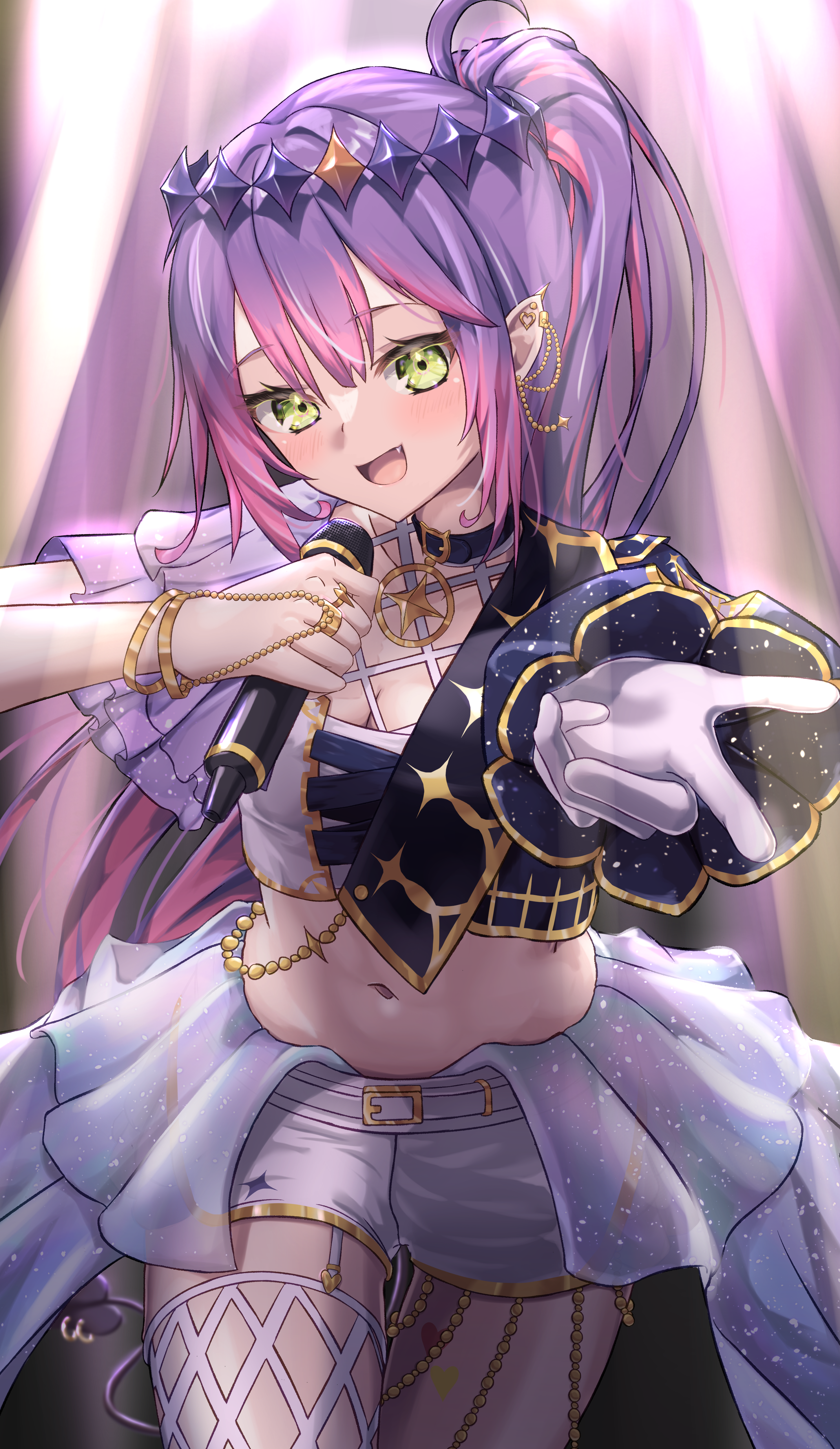 tokoyami towa, hololive, absurdres, commentary request, highres, 1girl, :d, asymmetrical sleeves, belt collar, black jacket, breasts, circlet, cleavage, collar, colored tips, cropped jacket, cropped shirt, demon girl, demon tail, ear piercing, fang, gloves, gold trim, green eyes, hair between eyes, high ponytail, holding, holding microphone, jacket, latc0m s000015b, long hair, long sleeves, looking at viewer, medium breasts, microphone, mismatched sleeves, multicolored hair, navel, open mouth, outstretched arm, piercing, pink hair, pointy ears, ponytail, purple hair, shirt, short shorts, short sleeves, shorts, sidelocks, single glove, smile, solo, stage, stage lights, stomach, tail, thigh gap, virtual youtuber, white gloves, white jacket, white shirt, white shorts