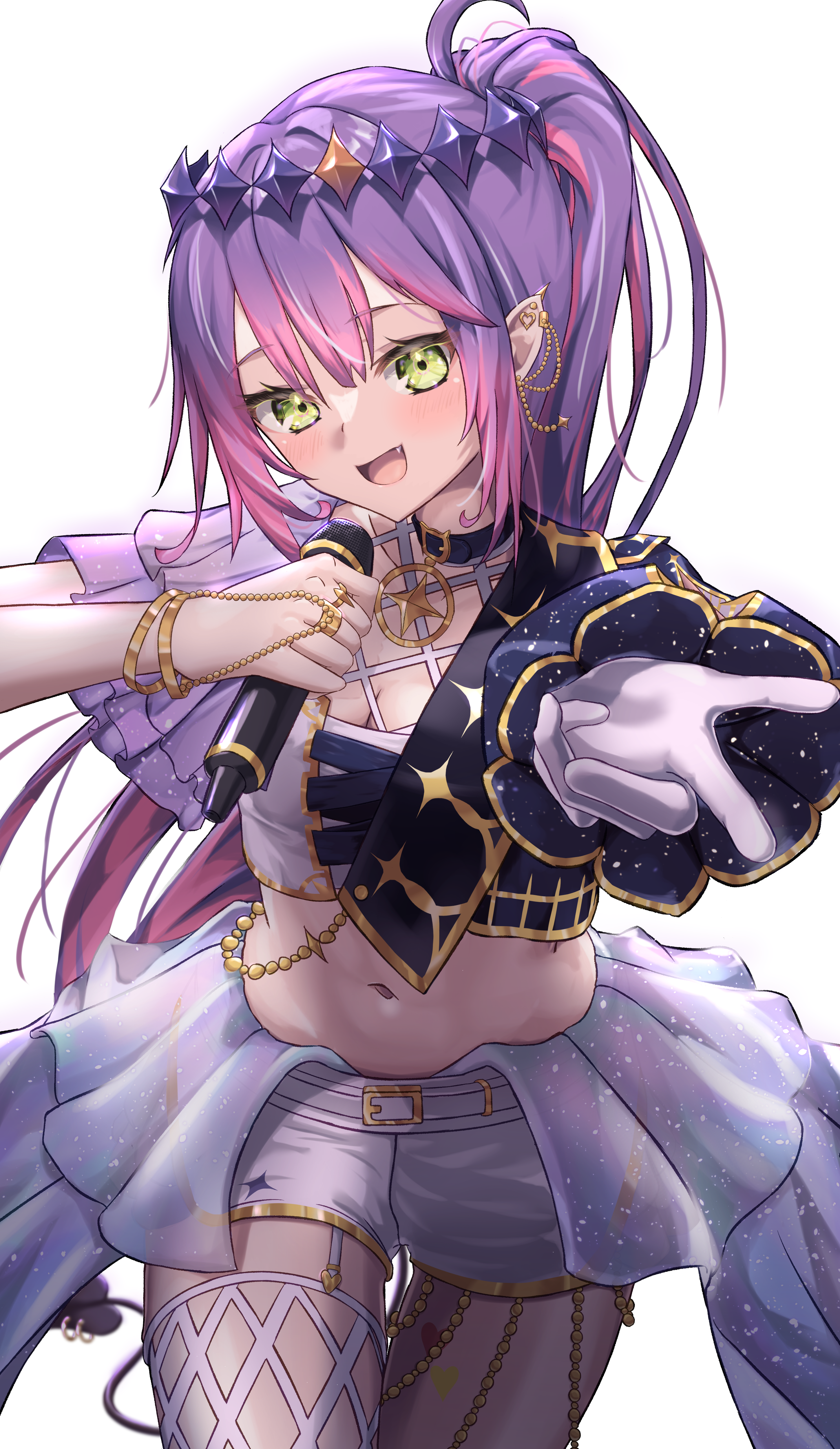tokoyami towa, hololive, absurdres, commentary request, highres, 1girl, :d, asymmetrical sleeves, belt collar, black jacket, breasts, circlet, cleavage, collar, colored tips, cropped jacket, cropped shirt, demon girl, demon tail, ear piercing, fang, gloves, gold trim, green eyes, hair between eyes, high ponytail, holding, holding microphone, jacket, latc0m s000015b, long hair, long sleeves, looking at viewer, medium breasts, microphone, mismatched sleeves, multicolored hair, navel, open mouth, outstretched arm, piercing, pink hair, pointy ears, ponytail, purple hair, shirt, short shorts, short sleeves, shorts, sidelocks, simple background, single glove, smile, solo, stomach, tail, thigh gap, virtual youtuber, white background, white gloves, white jacket, white shirt, white shorts