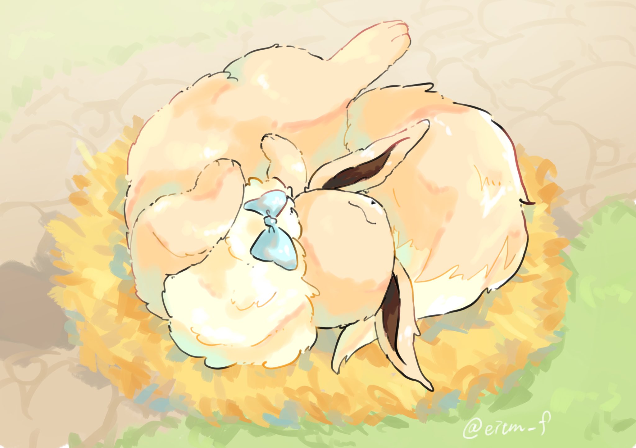 eevee, nintendo, pokemon, commentary, highres, symbol-only commentary, 1other, blue ribbon, brown background, brown fur, closed mouth, eitm f, gen 1 pokemon, grass, green background, lying, nest, no humans, on back, path, pokemon (creature), pokemon focus, ribbon, road, sleeping, solo, twitter username, yellow background