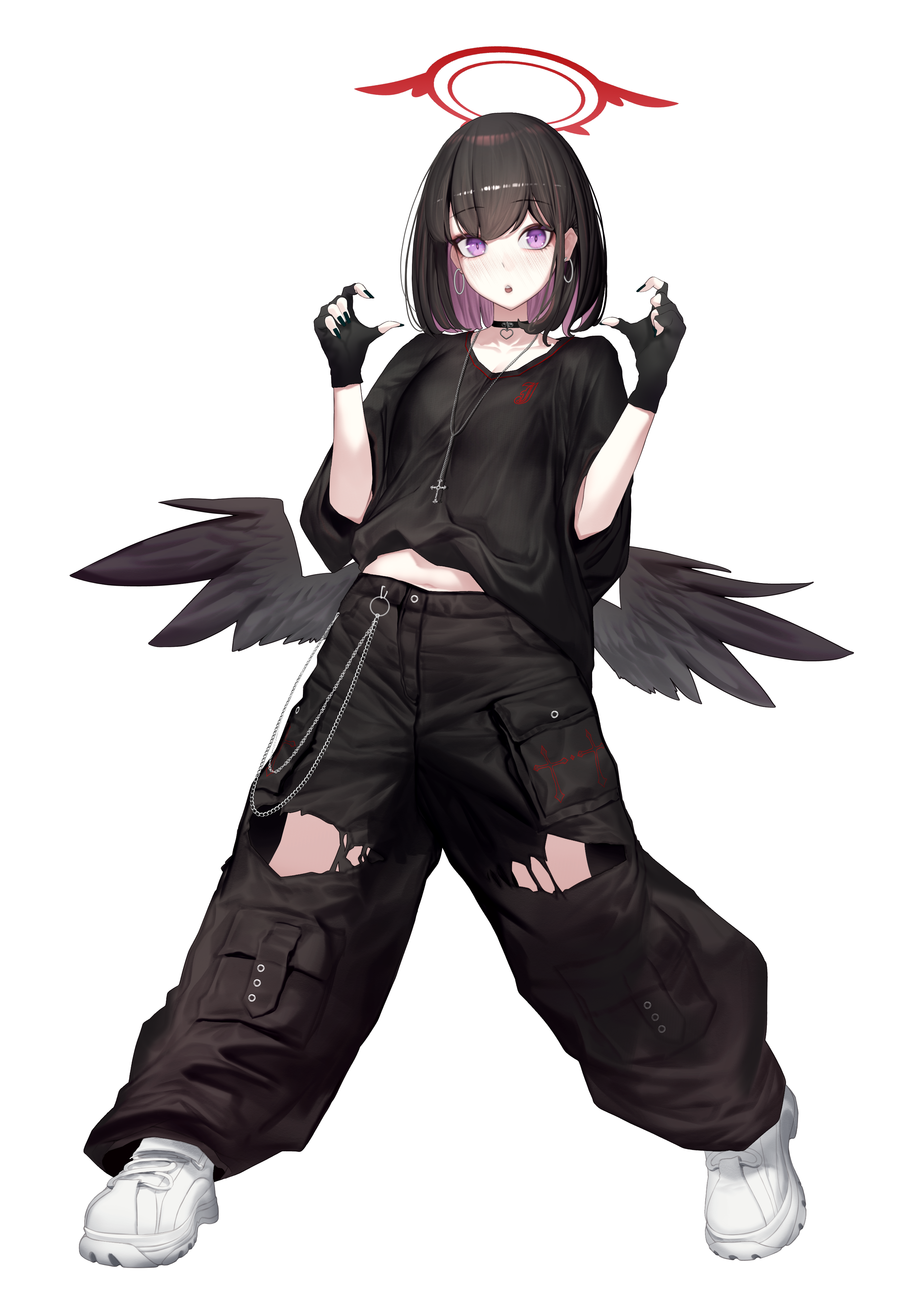 houh888, mashiro (blue archive), blue archive, absurdres, commentary, highres, 1girl, :o, alternate costume, black choker, black gloves, black hair, black nails, black pants, black shirt, black wings, casual, choker, colored inner hair, cross, cross necklace, earrings, feathered wings, fingerless gloves, fingernails, full body, gloves, halo, heart, heart choker, hoop earrings, jewelry, looking at viewer, low wings, multicolored hair, navel, necklace, pants, purple eyes, purple hair, red halo, shirt, shoes, short hair, simple background, sneakers, solo, teeth, torn clothes, torn pants, two-tone hair, upper teeth only, white background, white shoes, winged halo, wings
