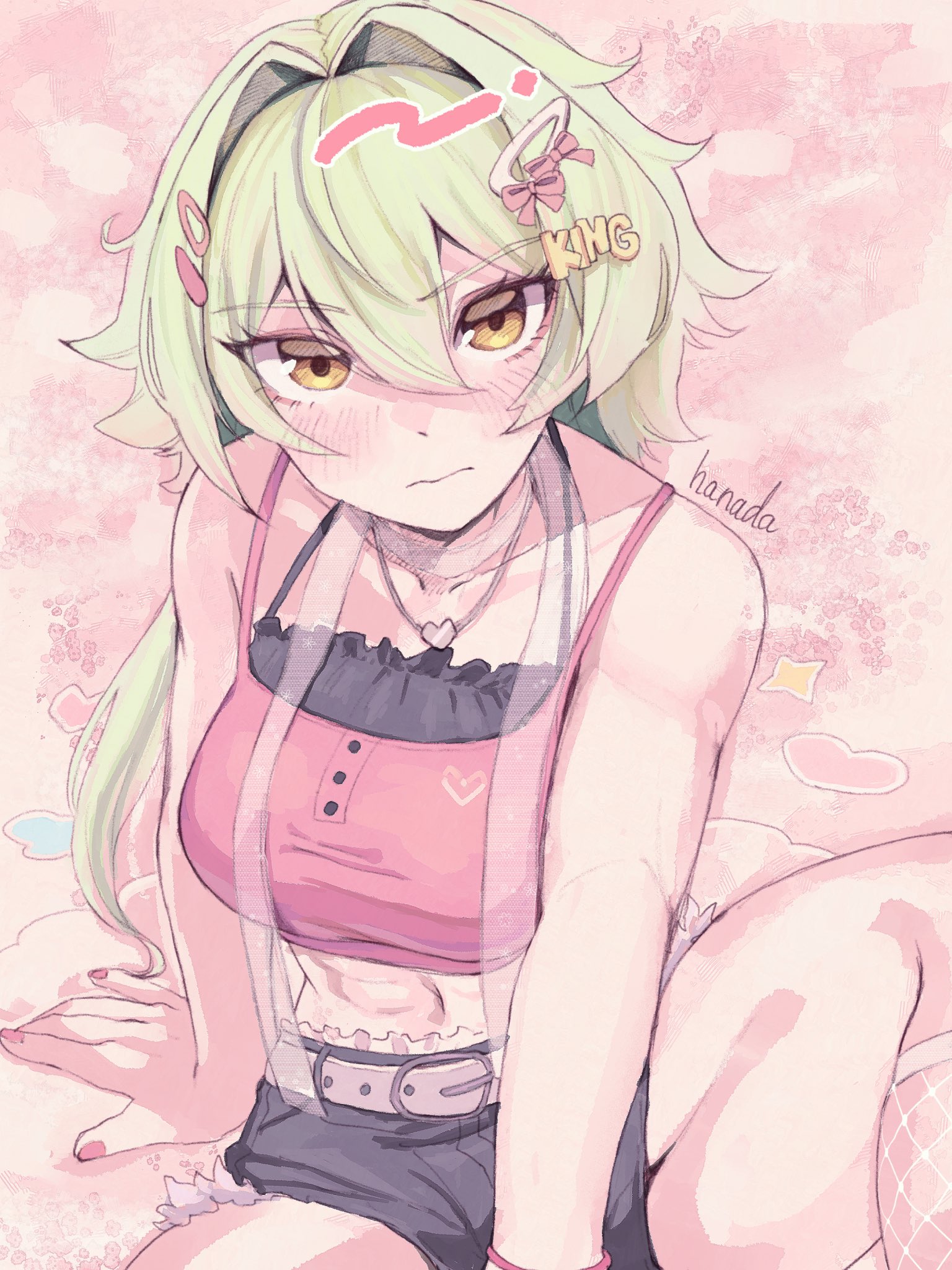 hanada (cobalt003), caesar king (zenless zone zero), zenless zone zero, highres, 1girl, abs, alternate costume, artist name, belt, black shorts, blush, breasts, closed mouth, fingernails, green hair, hair between eyes, hair intakes, hair ornament, hairclip, heart pendant, jewelry, large breasts, long hair, looking at viewer, midriff, nail polish, navel, pendant, red nails, scarf, short shorts, shorts, sitting, solo, spread legs, stomach, thighs, toned, toned female, twisted torso, very long hair, yellow eyes