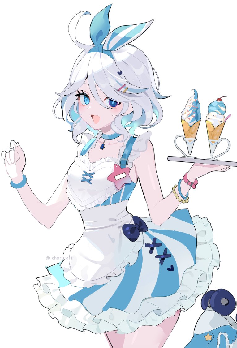 choru art, furina (genshin impact), genshin impact, 1girl, :d, ahoge, alternate costume, apron, blue dress, blue eyes, blue hair, blue hairband, blush, bow hairband, bracelet, cherry, choker, collarbone, double-parted bangs, dress, enmaided, food, frilled apron, frilled dress, frills, fruit, hair between eyes, hairband, heterochromia, holding, holding tray, ice cream, ice cream cone, jewelry, looking at viewer, maid, medium hair, multicolored hair, open mouth, roller skates, short dress, simple background, skates, sleeveless, sleeveless dress, smile, soft serve, solo, streaked hair, striped clothes, striped dress, tray, vertical-striped clothes, vertical-striped dress, white apron, white background, white hair