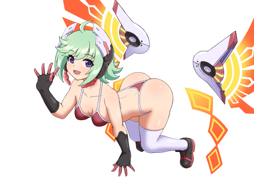 inumaru75707951, roro (gunvolt), azure striker gunvolt, azure striker gunvolt 2, 1girl, ass, bikini, black gloves, breasts, detached wings, energy wings, gloves, green hair, headgear, mechanical wings, purple eyes, red bikini, short hair, simple background, small breasts, solo, swimsuit, thighhighs, white background, white thighhighs, wings