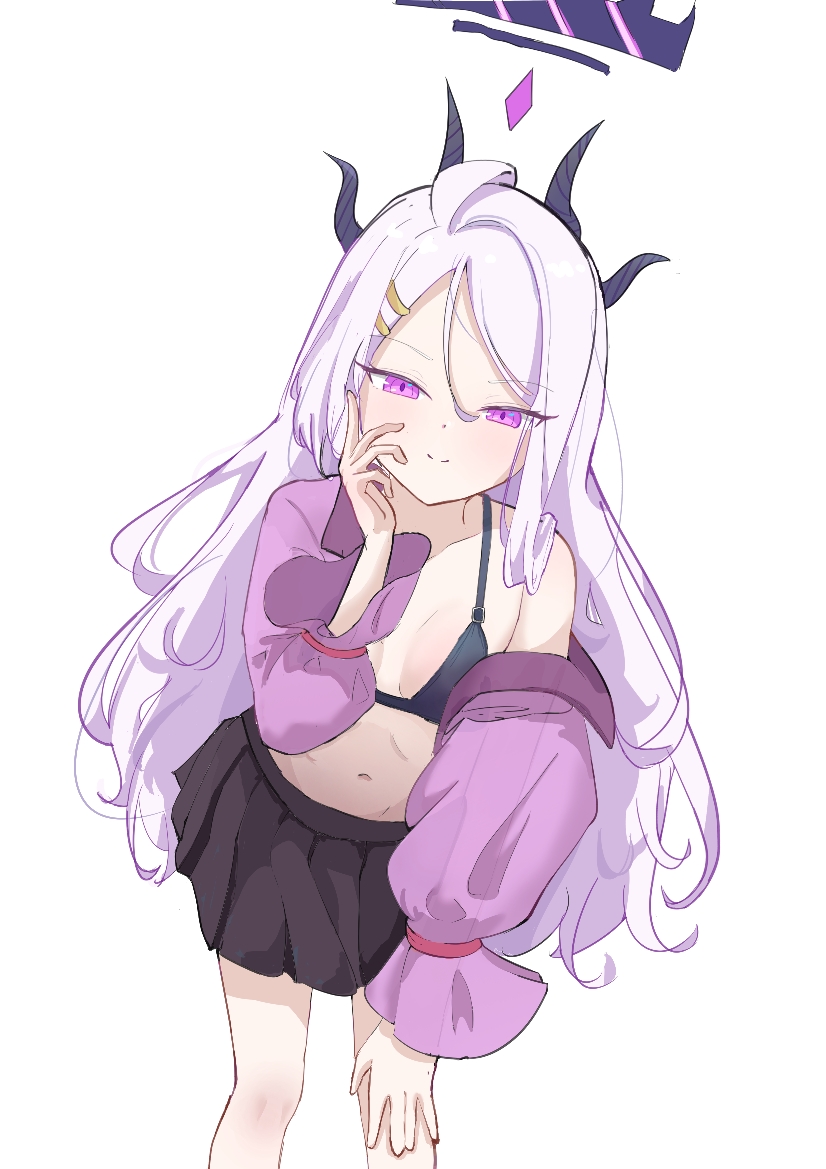 hina (blue archive), blue archive, 1girl, ahoge, black halo, black skirt, eruvu, halo, long hair, looking at viewer, navel, purple eyes, simple background, skirt, solo, standing, very long hair, white background, white hair