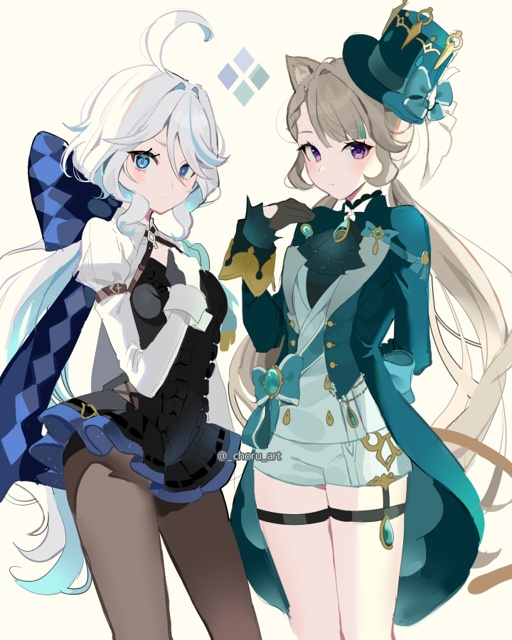 choru art, furina (genshin impact), lynette (genshin impact), genshin impact, commentary request, korean commentary, 2girls, ahoge, animal ear fluff, animal ears, black dress, black gloves, black pantyhose, blue eyes, blue hair, blue jacket, blush, brown hair, cat ears, cosplay, costume switch, double-parted bangs, dress, feet out of frame, gloves, hair between eyes, hair intakes, hat, heterochromia, jacket, long hair, long sleeves, looking at viewer, multicolored hair, multiple girls, open clothes, open jacket, pantyhose, purple eyes, shorts, sidelocks, simple background, standing, streaked hair, thigh strap, tilted headwear, top hat, very long hair, vision (genshin impact), white hair, white shorts