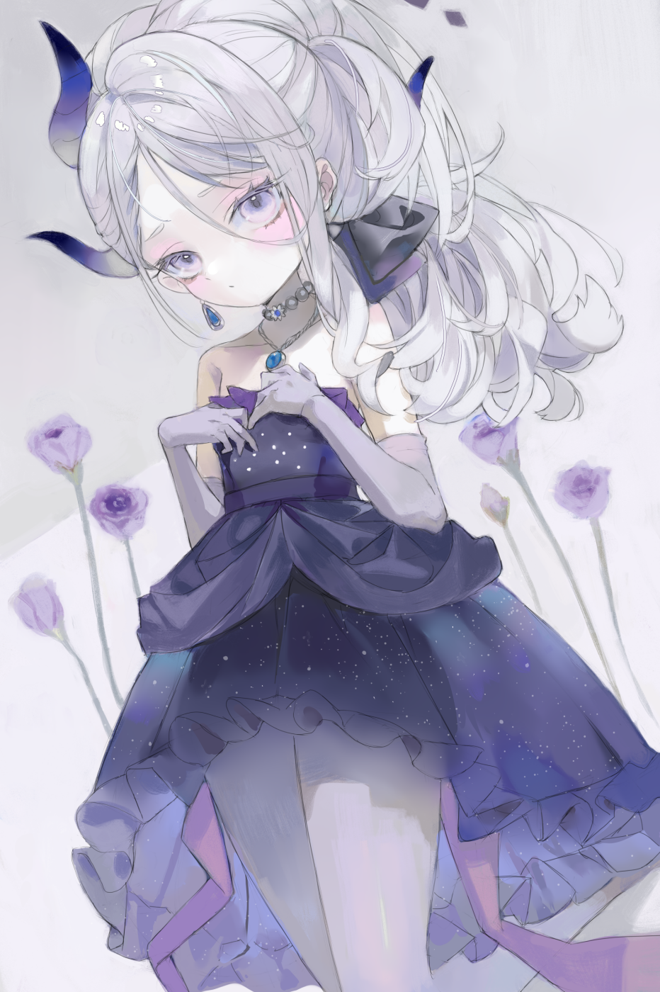 hina (blue archive), hina (dress) (blue archive), blue archive, highres, 1girl, black halo, breasts, dress, earrings, elbow gloves, flower, gloves, halo, jewelry, long hair, looking at viewer, marant38, necklace, pendant, purple dress, purple eyes, purple flower, purple gloves, purple rose, rose, small breasts, solo, white hair
