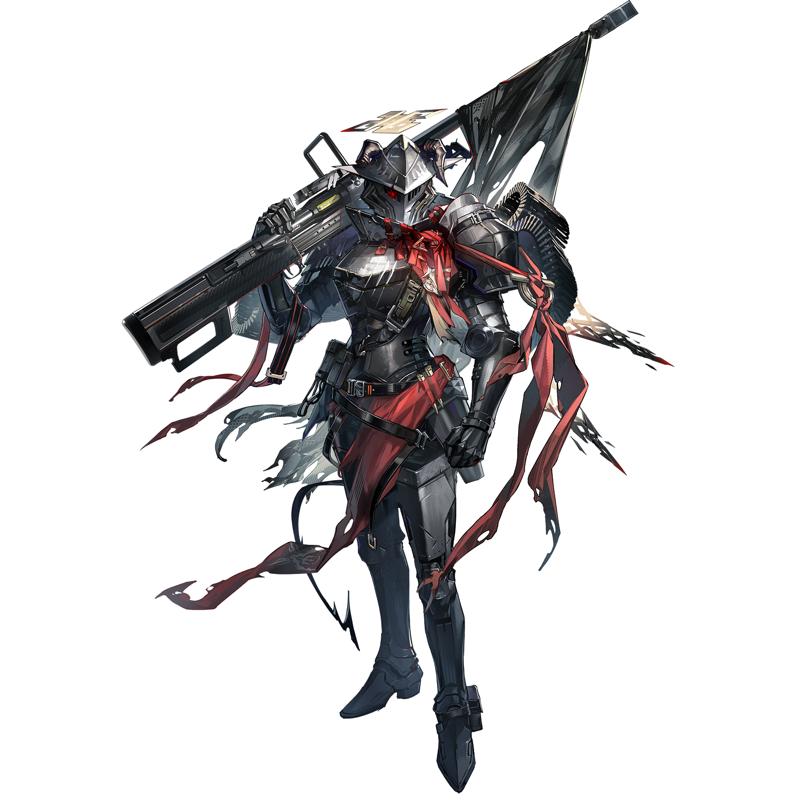 ryuuzaki ichi, arknights, highres, official art, third-party source, 1girl, anti-materiel rifle, armor, aureola (arknights), bag, belt, clip (weapon), cuirass, full armor, full body, glowing, glowing eye, gun, halo, helm, helmet, horns, leg armor, over shoulder, rectangular halo, red eyes, rifle, sniper rifle, tachi-e, torn clothes, transparent background, weapon, weapon over shoulder