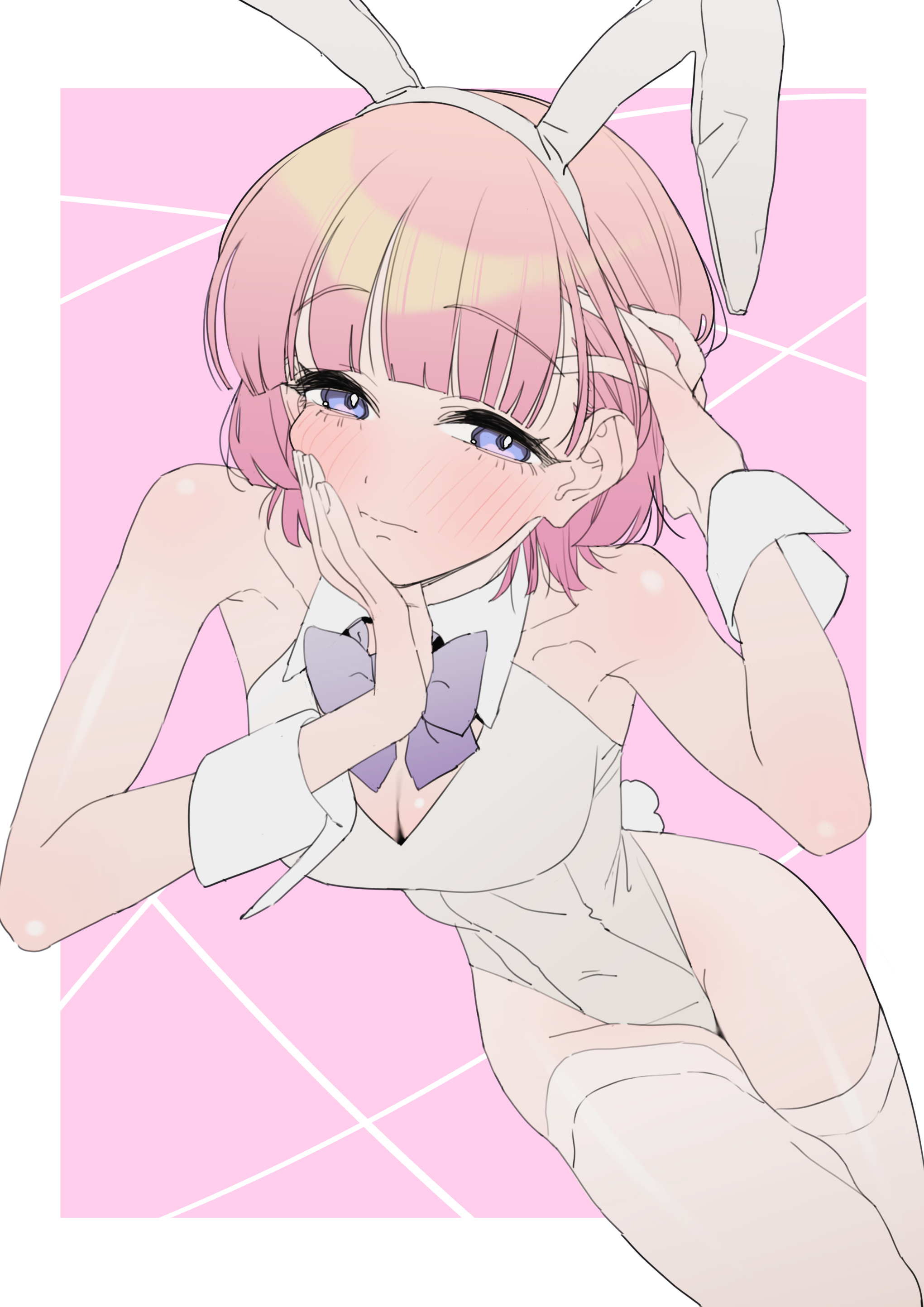 naga-agan, arimura mao, gakuen idolmaster, idolmaster, absurdres, highres, 1girl, animal ear hairband, animal ears, blunt bangs, blush, bow, bowtie, breasts, bright pupils, cleavage, collarbone, covered navel, fake animal ears, fake tail, hairband, hand on own cheek, hand on own face, leotard, looking at viewer, medium breasts, pink background, pink hair, purple bow, purple bowtie, purple eyes, rabbit ear hairband, rabbit ears, rabbit tail, short hair, solo, tail, thighhighs, white leotard, white pupils, white thighhighs, wrist cuffs